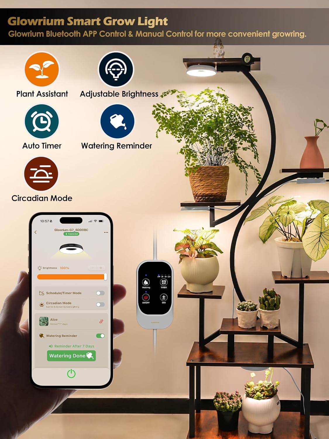 GLOWRIUM Grow Lights for Indoor Plants, 32W Smart Full Spectrum LED Grow Light, Auto Timer and Stepless Dimming,Plant Assistant with Watering Reminder,Modular Design(White, 4PCS)