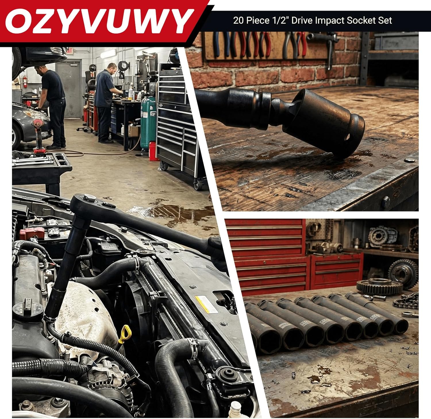 18-Piece 1/2" Drive Impact Socket Set, Heavy Duty Industrial-Grade Deep Sockets, with Impact Extension Bar,universal joint, and impact-resistant adapter, Cr-V Steel Corrosion-Resistant Coating