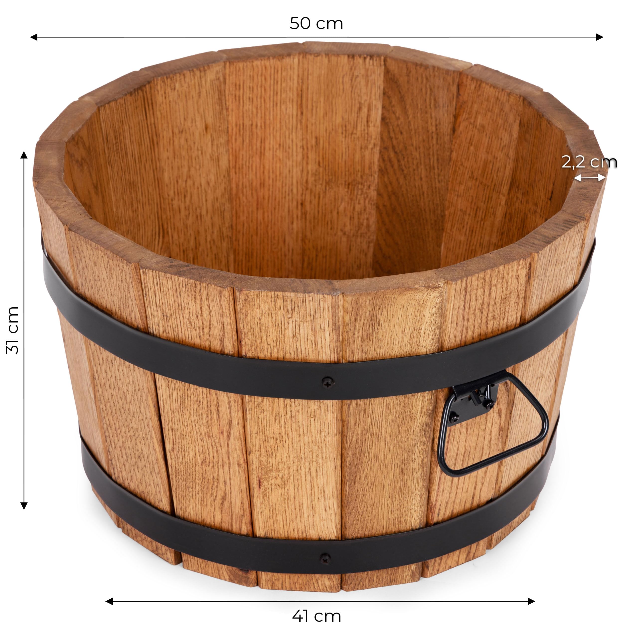 Großer Eichen Holz Blumentopf Runder Garten Pflanzkübel mit Metallringen, Dekoratives Holzfass als Pflanztopf – Wetterfeste Blumenkübel für draußen, Balkon, Terrasse & Garten (Ø50 x H31)