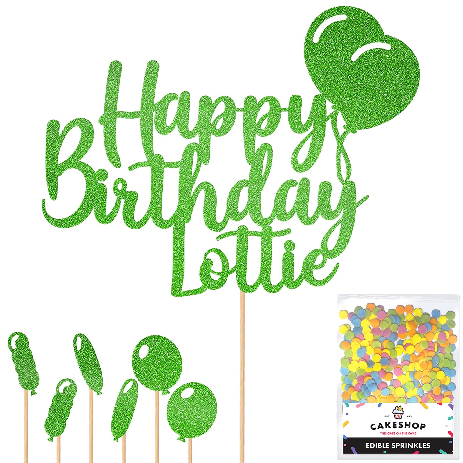 Personalised Happy Birthday Glitter Cake Topper with Balloons - Green Any Name Glitter Cake Decoration and Sprinkles - Happy Birthday Decorations - Personalised Toppers for Cakes by Cakeshop