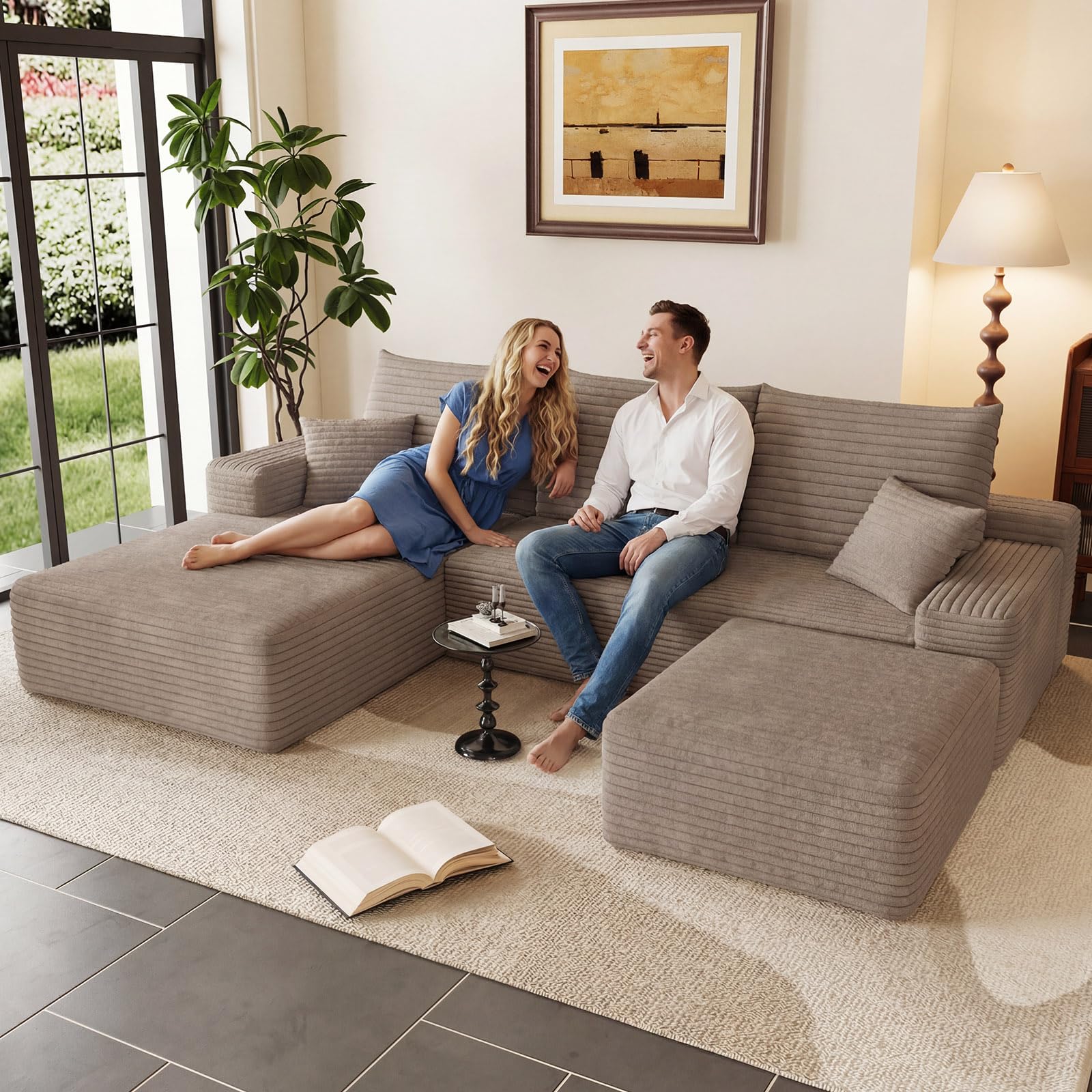 95" U-Shape Cloud Couch, Modern Modular Sectional L-Shape Sofa with Ottoman, Corduroy Upholstered Couches Deep Seat Sleeper Chaise Longue for Living Room, No Assembly Required(Camel, Left Facing)