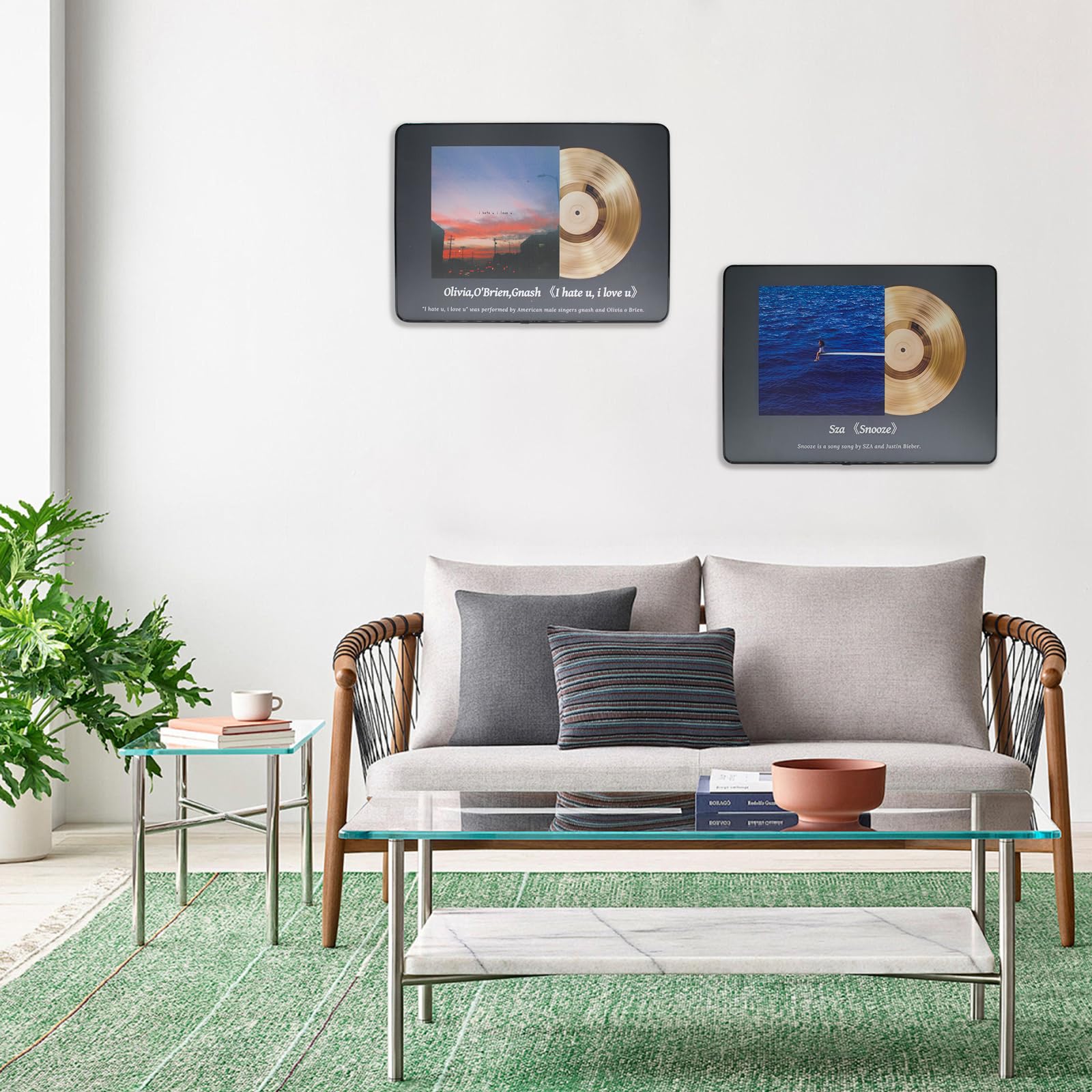 MiDube Obraz ścienny w stylu retro, 30 x 40 cm - 2 style, złota płyta gramofonowa i plakat muzyczny, oprawiona dekoracja ścienna do salonu, sypialni, łazienki