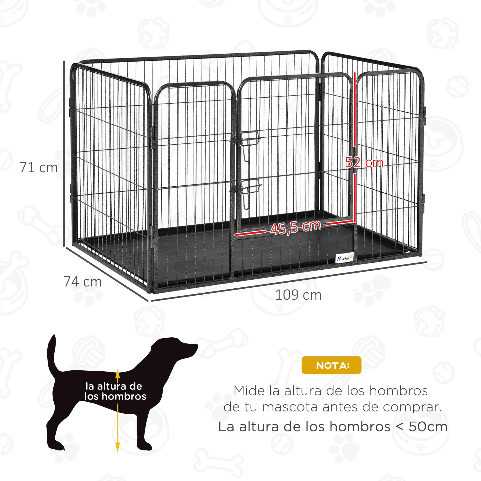 PawHut Box per Cani Recinzione in Metallo per Animali con 4 Pannelli, Porta con Doppio Blocco e Vassoio sul Fondo, 109x74x71cm, Grigio