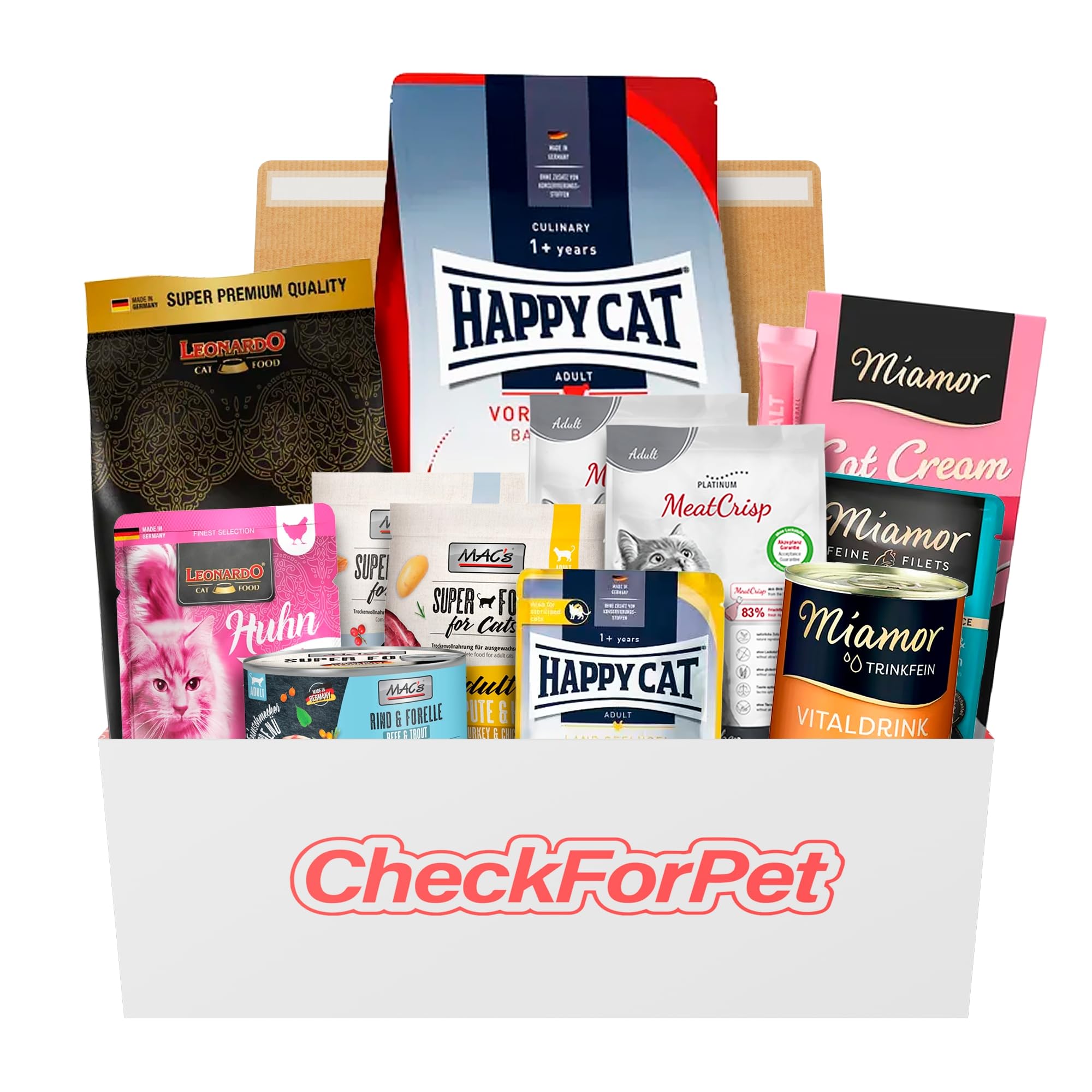 CheckForPet Katzenfutter Probierpaket Adult – Probierbox für Ausgewachsene Katzen mit Top-Bewerteten Marken zum Testen - Futterprobe Nass- & Trockenfutter - Geschenkidee für Katzenbesitzer
