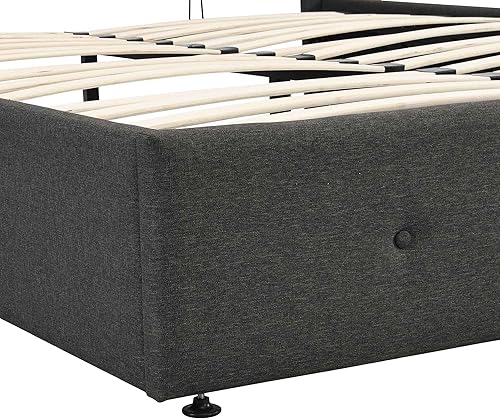 Miniatura 6 de Cama tapizada de plataforma tamaño Queen con almacenamiento en la parte inferior, marco de cama de madera con cabecera copetuda, perfecta para