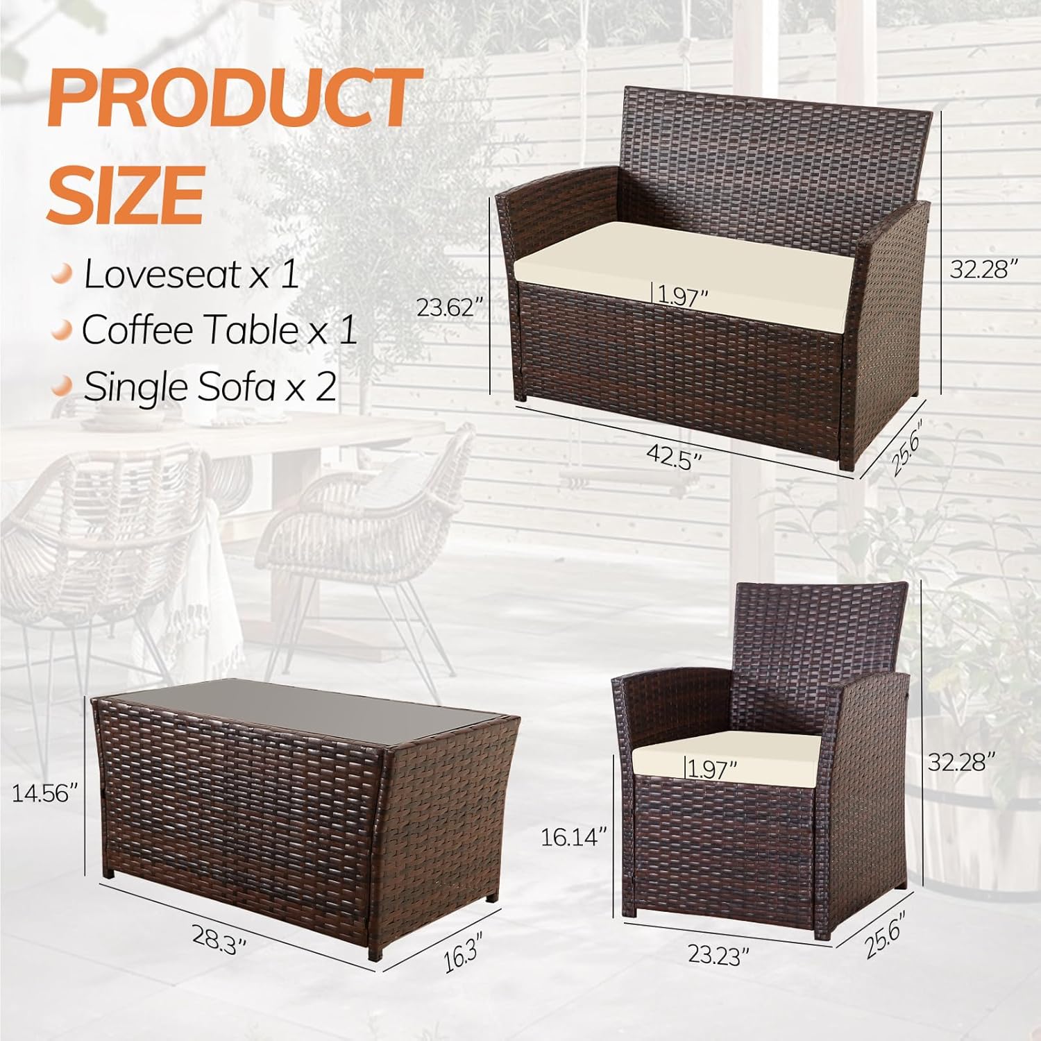 4 Piece Patio Furniture Set, Outdoor Wicker Conversation Set, Rattan Sectional Sofa Couch with Glass Coffee Table & Thick Cushion for Backyard, Porch, Garden, Poolside, Brown/Beige