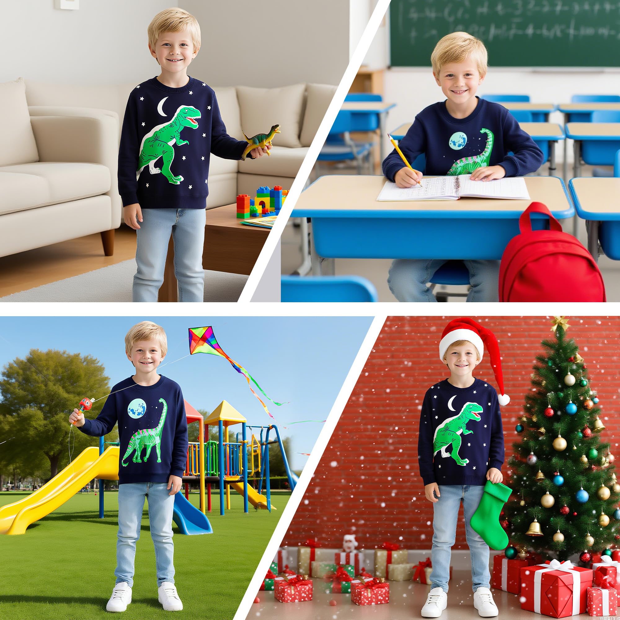 Sudaderas Niño Algodón Dinosaurio Dibujos Pullover Cuello Redondo Manga Larga Camiseta Niños Sin-Capucha Sweatshirt Casual Deporte Jersey Infantil Ropa Regalo para 2-7 Años