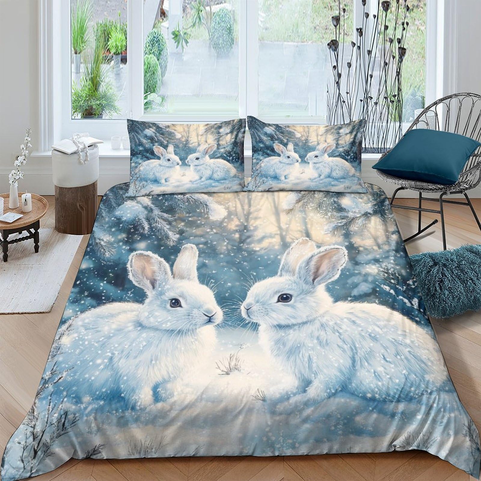 Ctjqhvkz Style-10 3D Printed White Rabbit Forest Fitted Sheet Microfiber Soft Bedroom Decor Bed Cover For Home Guest Room Single（135X200cm）