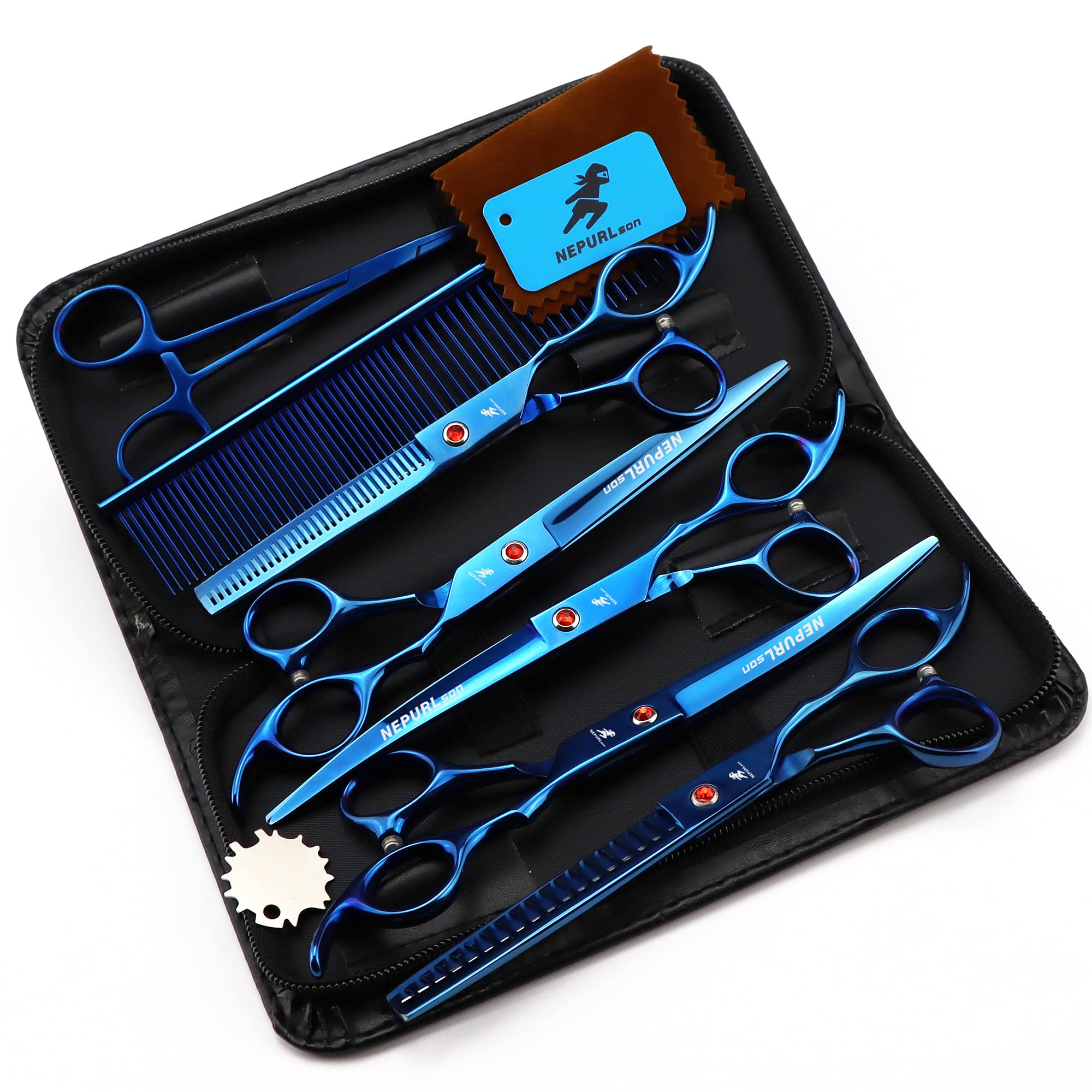 NEPURLson hochwertige professionelle Haustierpflegeschere, 17,8 cm, Stahl, Haustierschneideschere, blauer Anzug (12,7 cm im Set)
