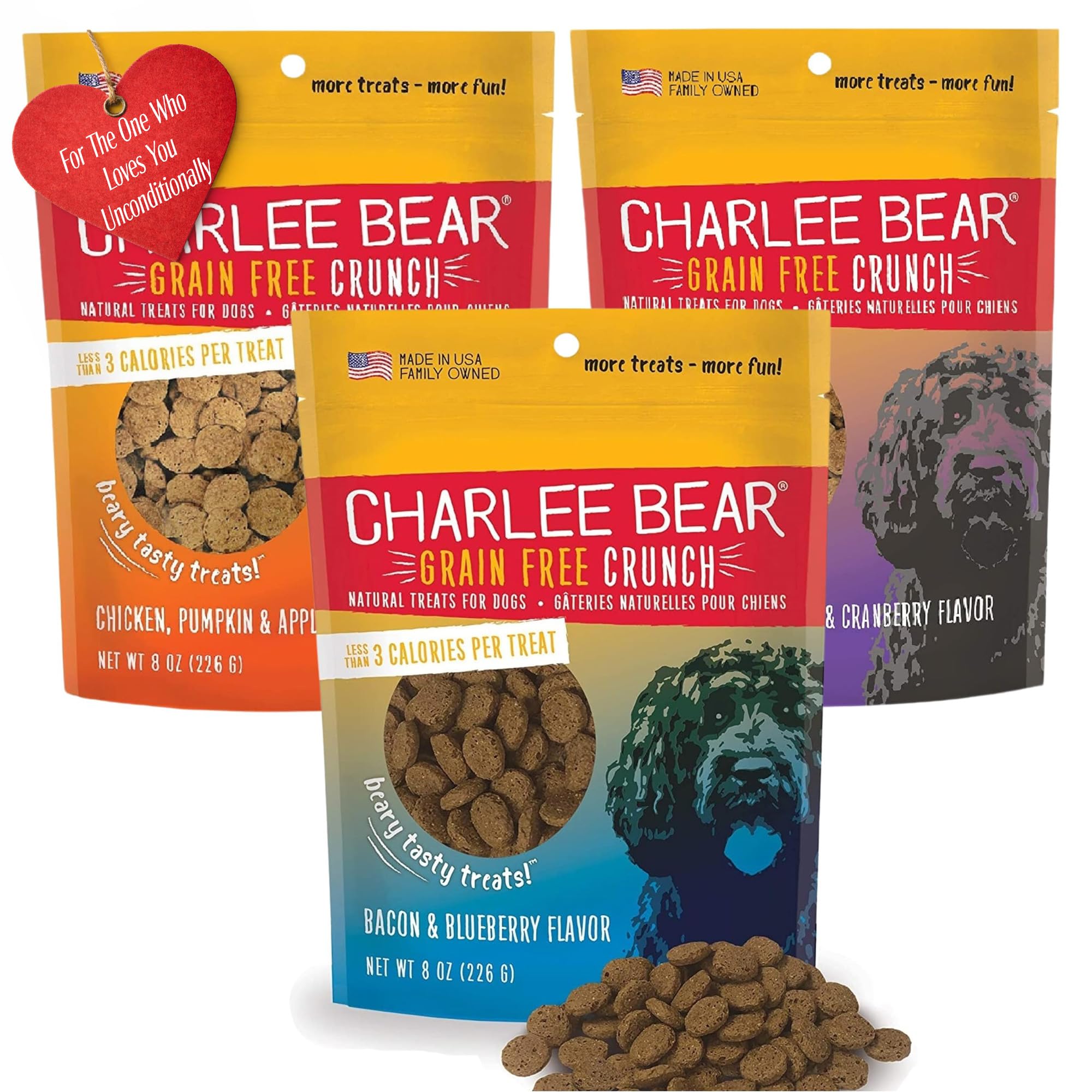 Charlee Bear Dogs Training Treat and Snack, Crunchy Low Calorie Grain Free Dog Treats, Made in USA, Best for Small and Medium Breeds, Great for Puppy Training Treats, 3 Flavor Variety Pack, 8oz Each