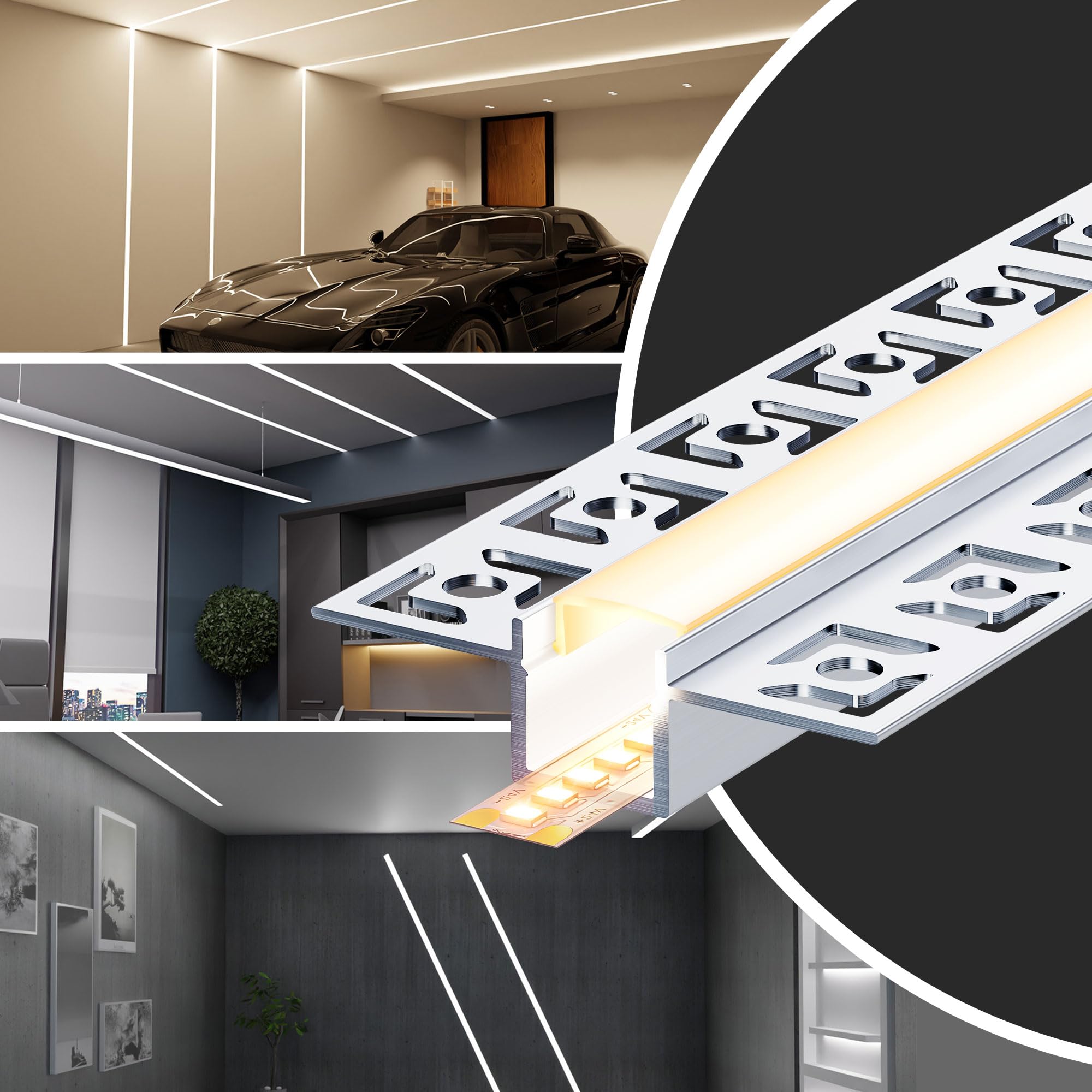 6 profili in alluminio per cartongesso, 2 m, binario da incasso con diffusore per strisce LED fino a 12,6 mm, canale di montaggio per illuminazione indiretta a soffitto