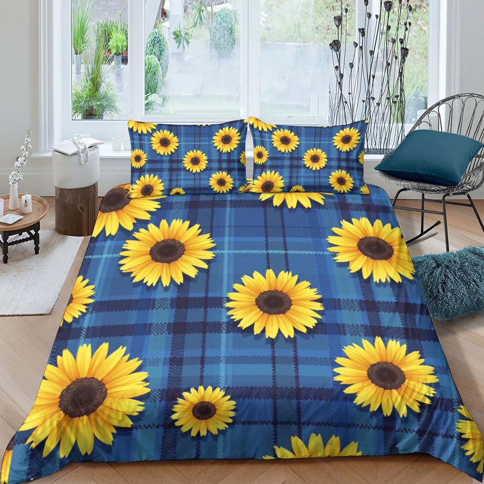Ctjqhvkz Style-4 3D Printed Sunflower Plaid Fitted Sheet Microfiber Soft Anti-Slip Bed Cover For Bedroom Dorm Youth Mattress Decor Single（135X200cm）