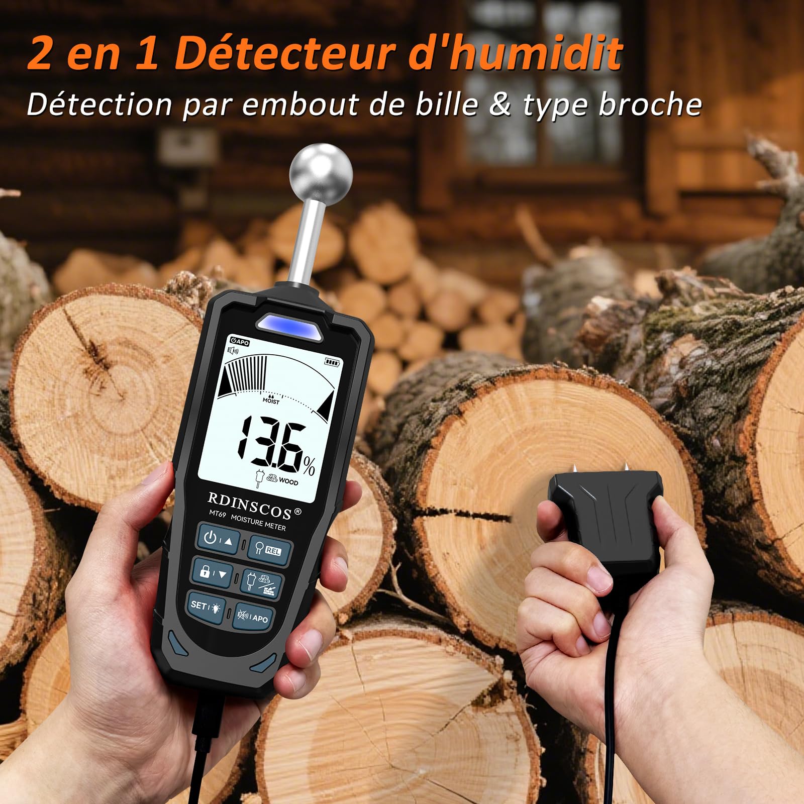 RDINSCOS Testeur Humidité 2 en 1 à Sondes Sphérique et à Aiguilles – Humidimètre pour Bois, Mur, Béton, Plâtre, Écran LCD, Détection 20-40 mm