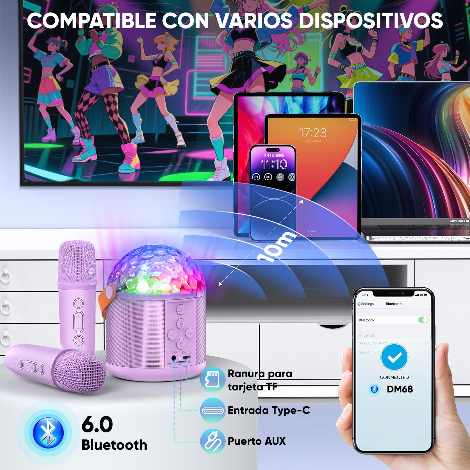 Microfono Karaoke Regalo Niña 5 6-12+ Años, Karaoke 2 Microfonos Inalambricos Bola de Discoteca con Efectos de Luces LED Frontales Karaoke Niña Adultos Microfono Juguetes para Niñas - Regalo Navidad
