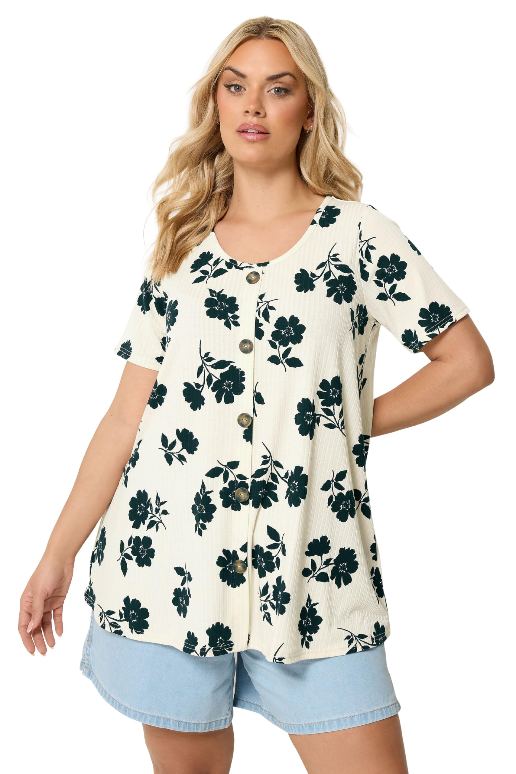 Yours Women's Cream Floral Button Front Ribbed Swing Top In Size 22-24