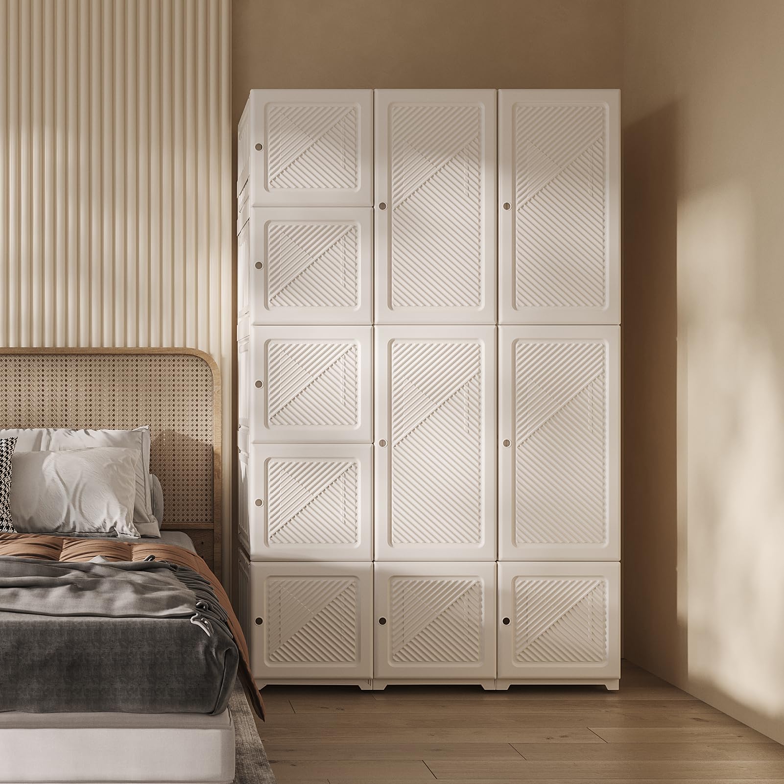 Zusammenklappbarer Kleiderschrank,104x170x50cm, schnelle Montage, vielseitiger Schrank mit Kleiderstange und Magnettüren, Perfekt für Schlafzimmer und Wohnzimmer,5 Staufächer-3 Kleiderbügel