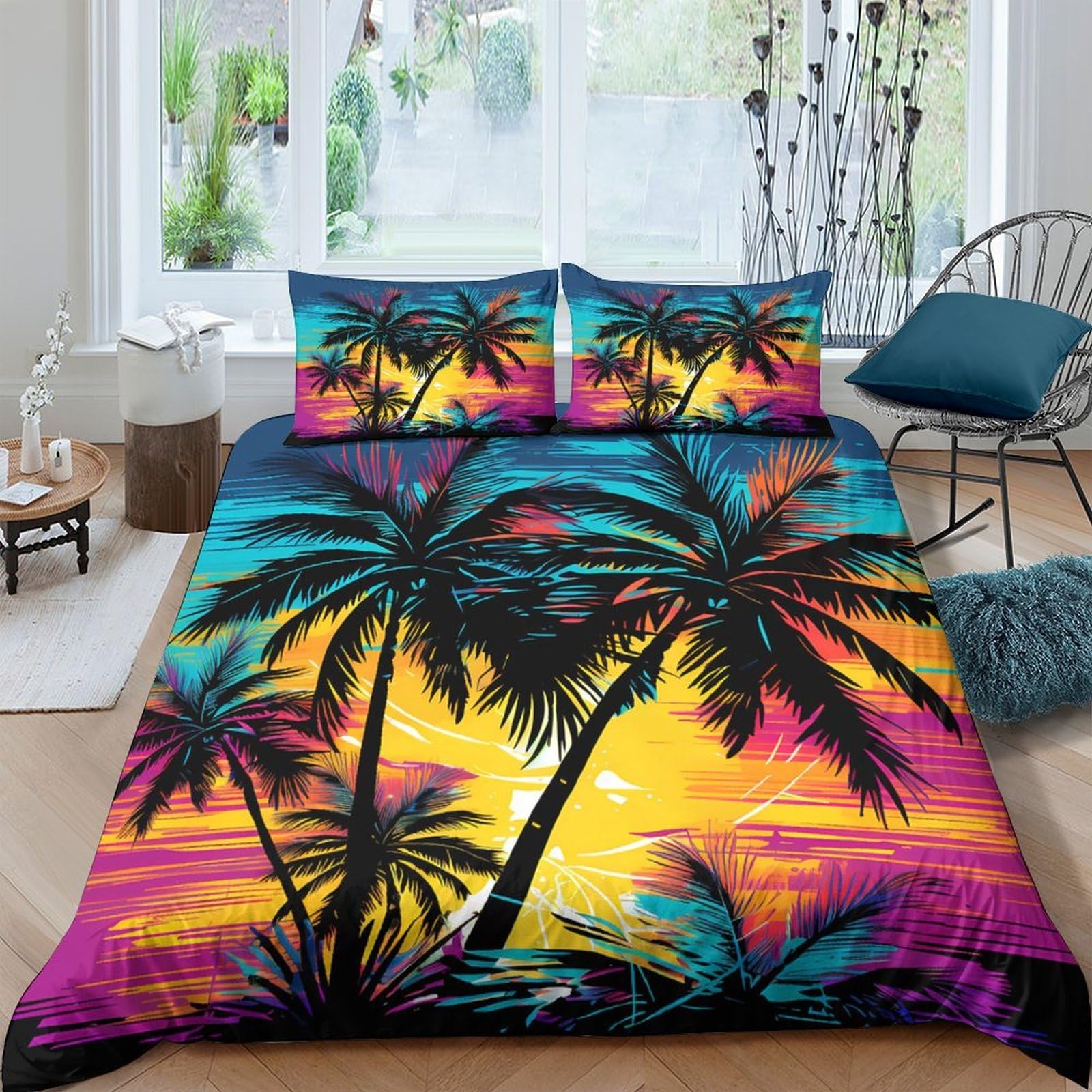 Ctjqhvkz Style-5 3D Printed Sunset Palm Fitted Sheet Microfiber Soft Colorful Tropical Mattress Cover For Bedroom Guest Room Single（135X200cm）