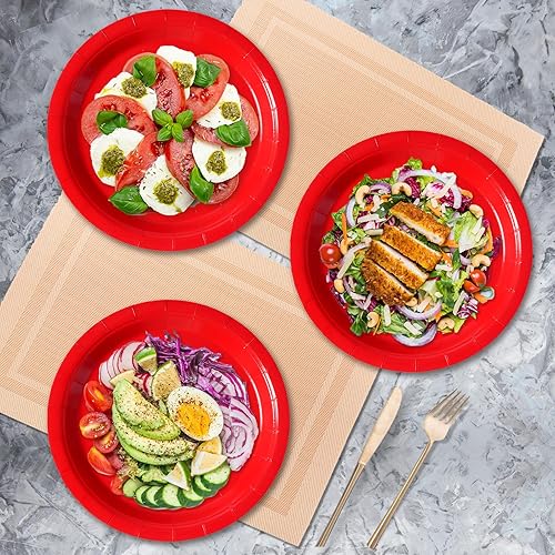 Miniatura 6 de Tyzarglef Platos de papel desechables rojos, 50 platos llanos de 9 pulgadas a granel para suministros de fiesta, platos de fiesta de colores y