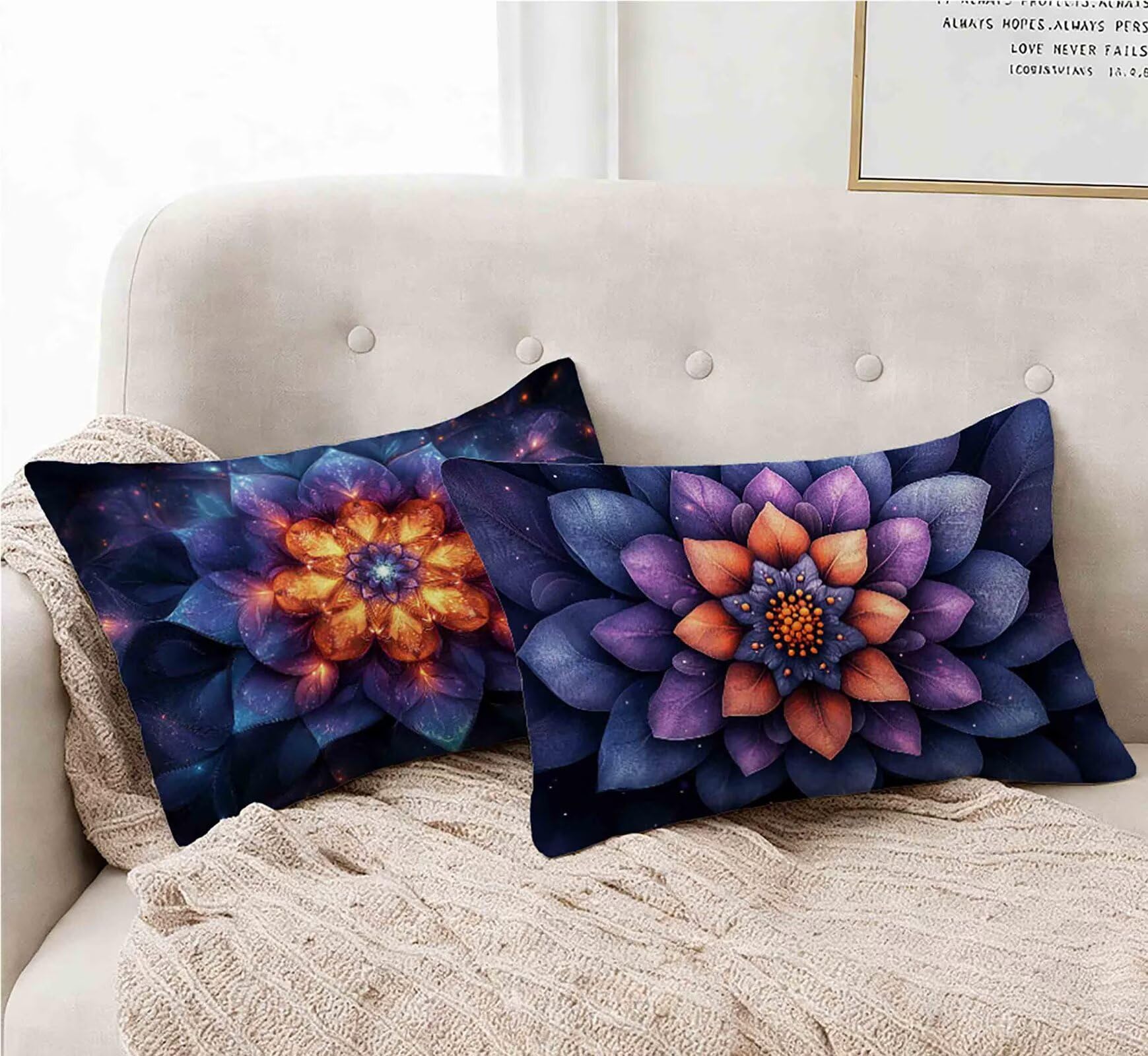 Kissenbezug 50x70 cm 2er Set, Kissenbezug Lila Kopfkissen Blume Muster Design Kopfkissenbezug Wasserdicht Leinen Pillow Case Herbstdeko mit Verstecktem Reißverschluss für Deko Wohnzimmer -lsy25012J0