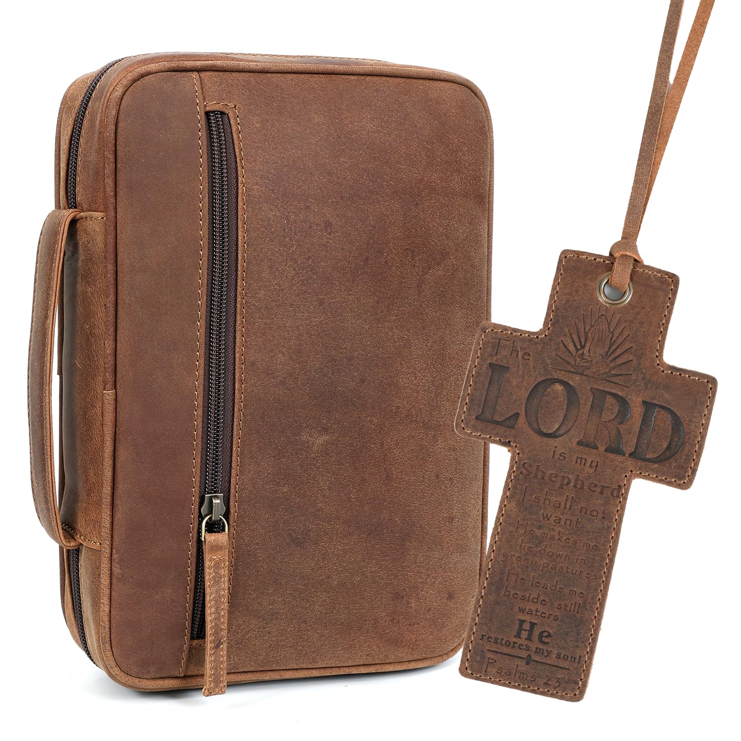 ELIZO Leather Bible Cover for Men Bible Case for Women Zippered Holder Protector Cross Church Tote Bag Carrying Organizer Sleeve Gift Study Saddle