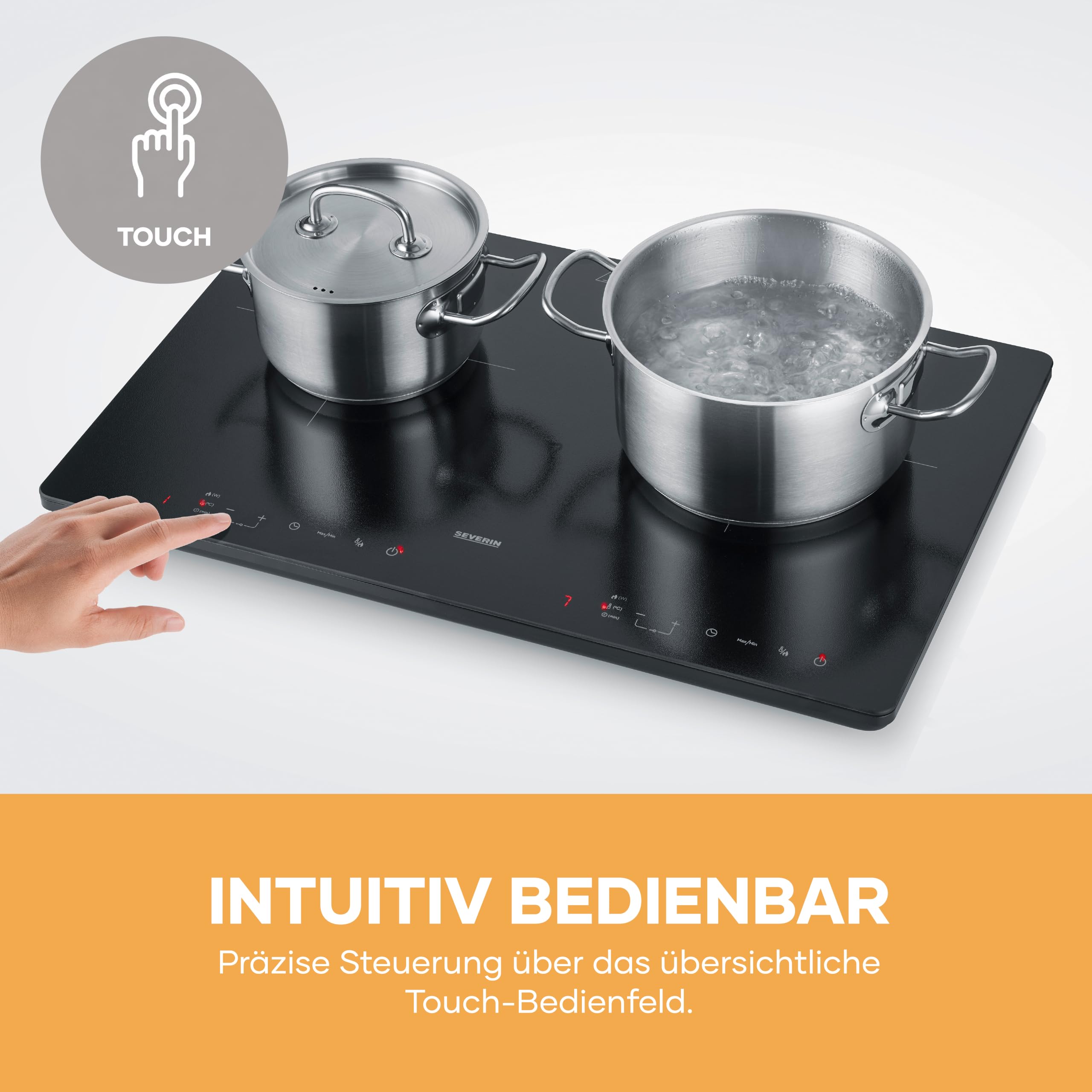 Severin Doppel-Induktionskochplatte 2 Platten, kratzfeste Glaskeramik-Kochfelder, matt, 10 Leistungsstufen, Touch-Display, Timerfunktion, automatische Abschaltung, 3.400W, schwarz, Glas, DK 1033