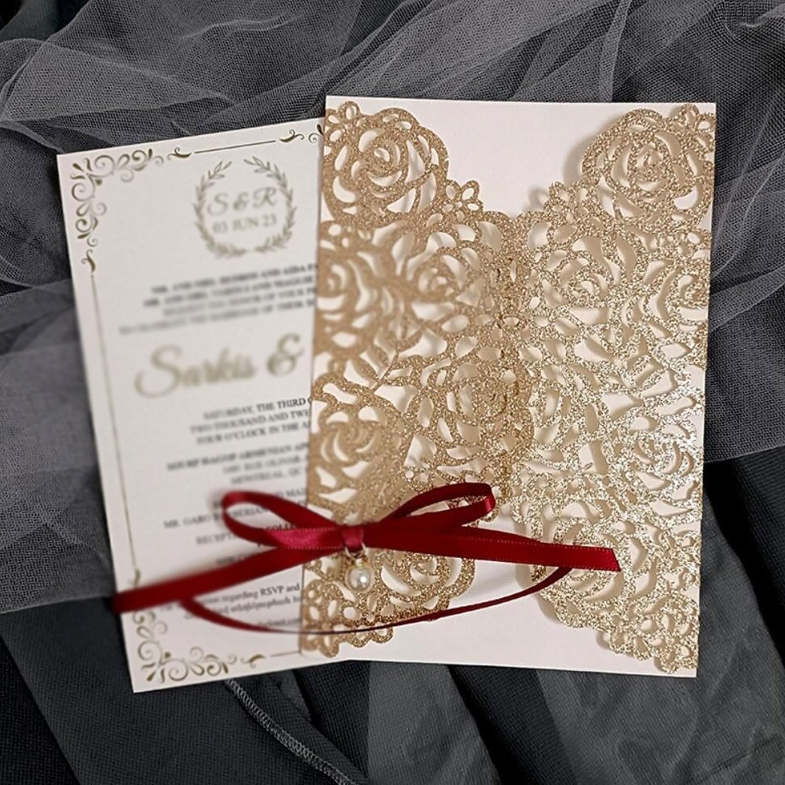 esmen 50 Sets 5 x 7 Cartes d'invitations de Mariage à Fleurs de Rose au Laser, Champange Gold Invitaciones avec Bowknot et enveloppes Invitation pour l'invitation de Mariage