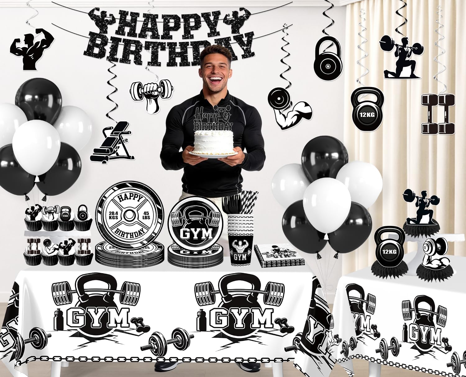 Gym Birthday Decorations for 25 Guests, 205PCS All-in-One Black & White Fitness Party Supplies with Banner, Paper Plates, and Tablecloth, Easy Setup Workout & Weightlifting Themed Party Decor