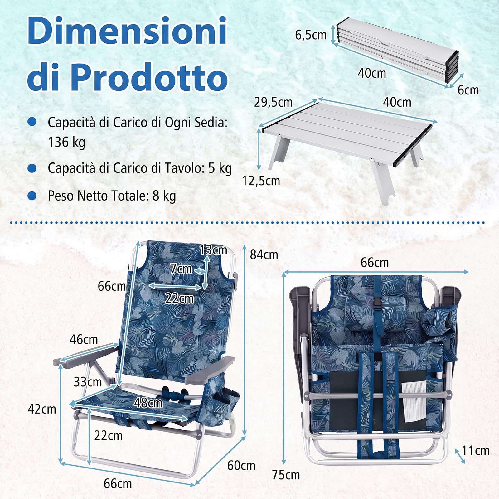 COSTWAY Set Sedia da Spiaggia, con Tavolino Pieghevole, Schienale Regolabile a 5 Livelli, Poltrona da Spiaggia con Cuscino per Testa, Sedia da Campeggio, Portata 136 kg (Blu Scuro, Modello 2)