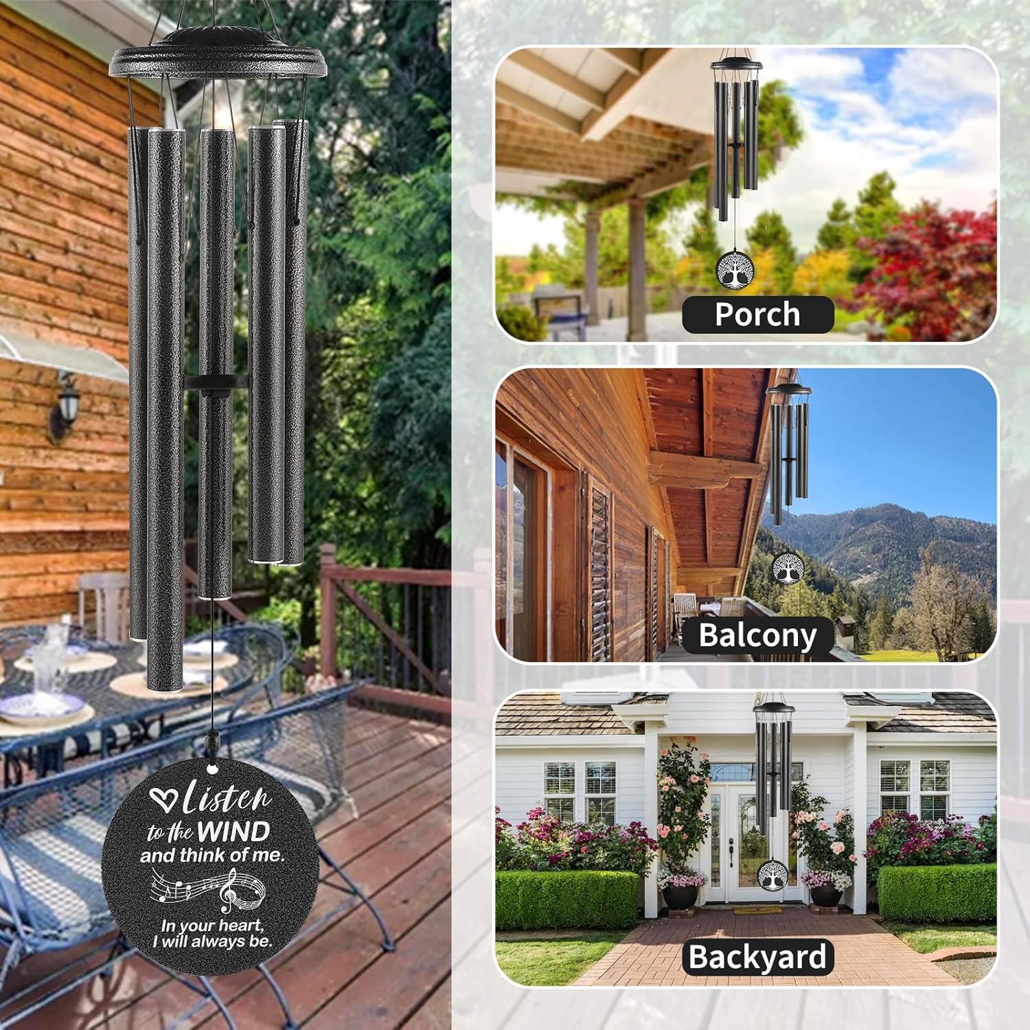 Sympathy Wind Chimes Loss Loved One, Memorial Gift for Loss of Mother Father Husband Condolence Remembrance, Best Sympathy Gift (Black, 36'')