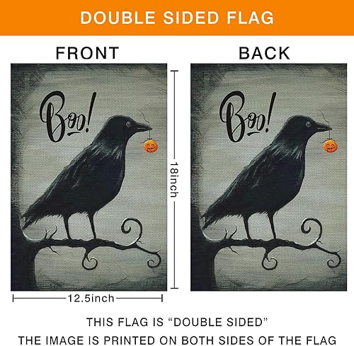 Miniatura 2 de Bandera de jardín de Halloween Boo, banderas de bienvenida de cuervo de Halloween, banderas de bienvenida de doble cara de arpillera vertical para