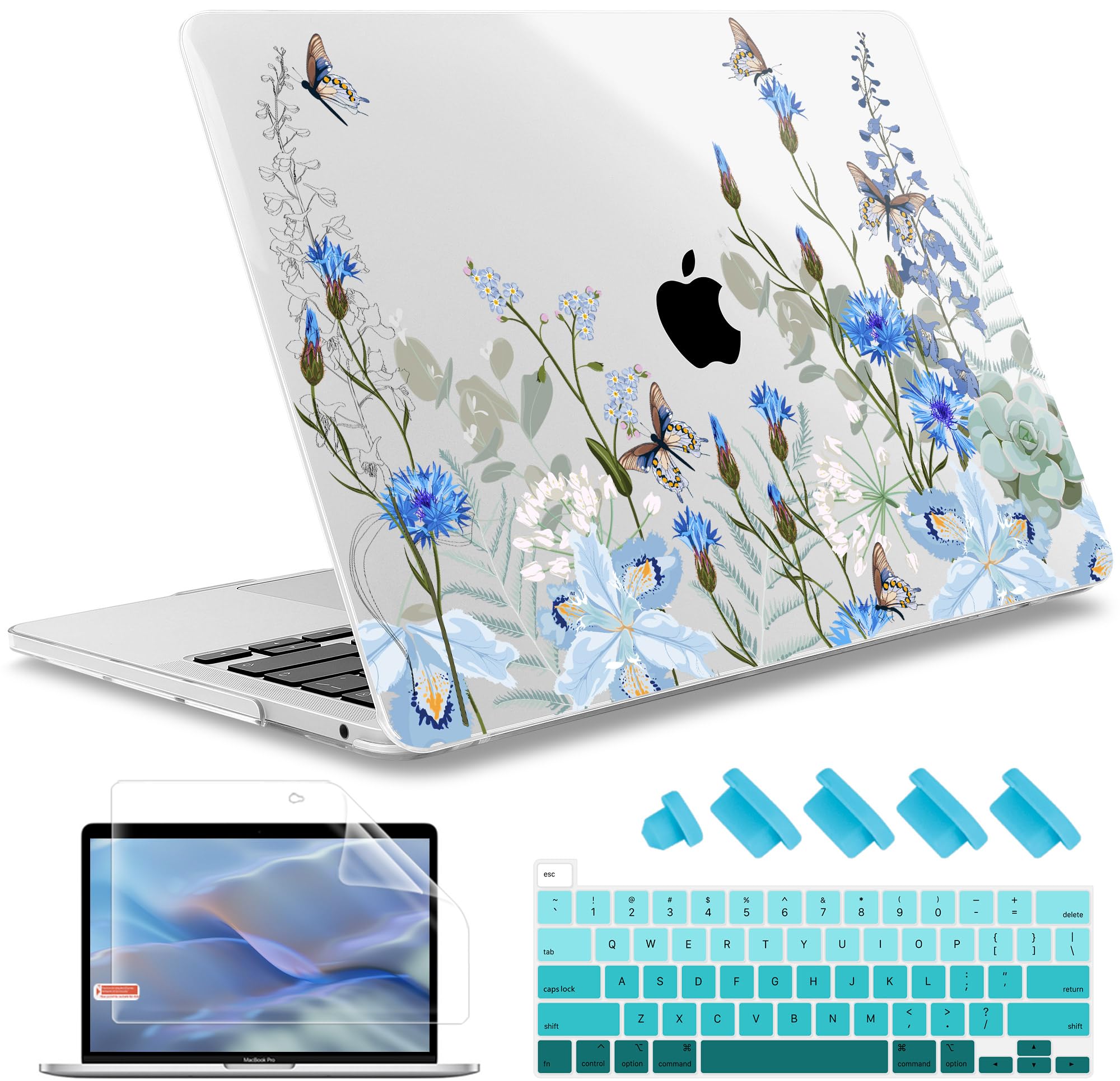May Chen Compatible with MacBook Pro 13 inch Case with Touch Bar 2022 2021 2020 Release A2338 M1/M2 A2251 A2289 , Plastic Hard Shell Case with Keyboard Cover + Dust Plug, Blue Flowers Leaves