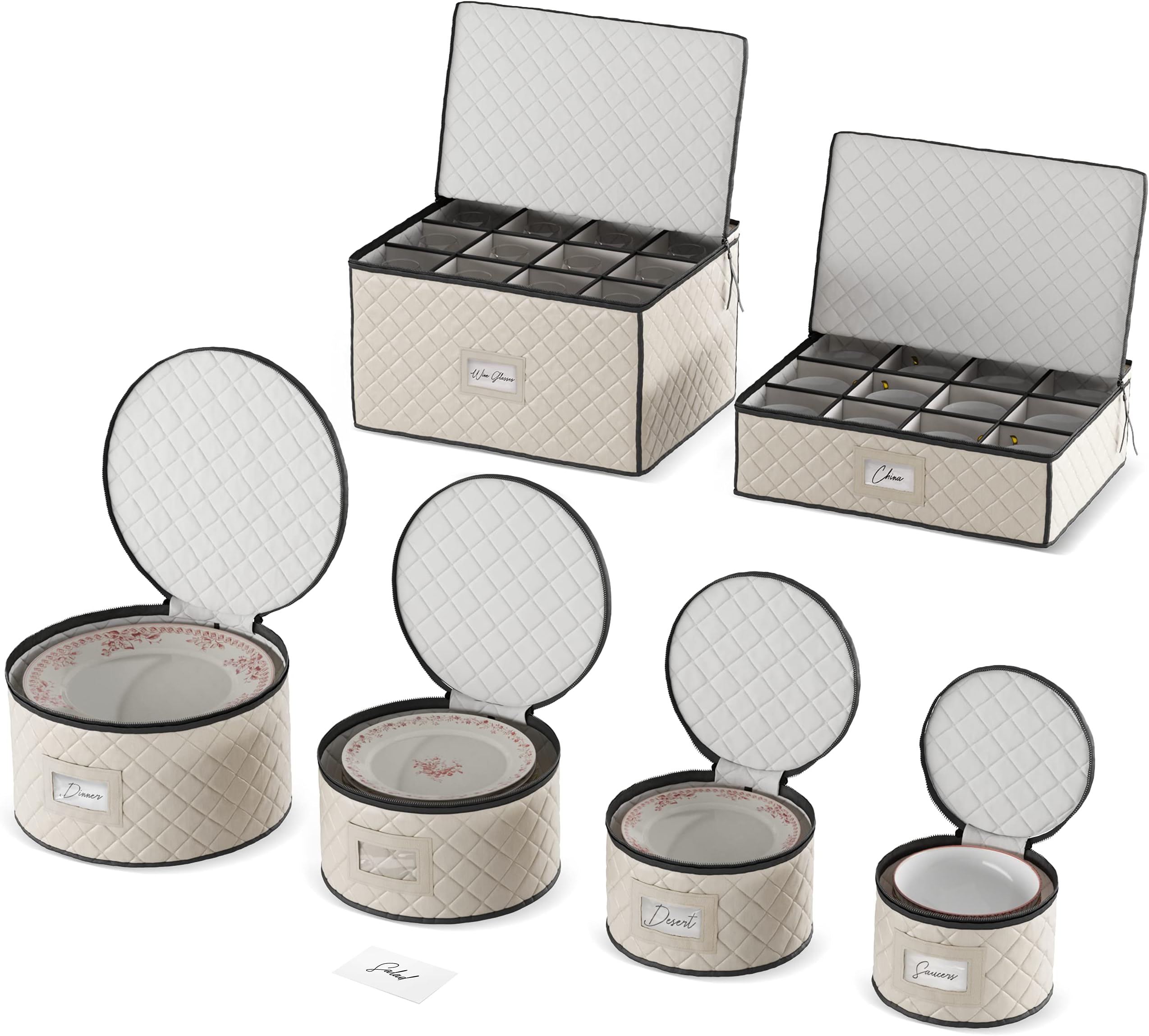 Woffit China Storage Containers - 6 Pack, Quilted Dinnerware & Stemware Set Bins for Packing Dishes and Glasses w/ 48 Felt Protectors - Essential Dish Supplies for Moving, Christmas, Seasonal Storage