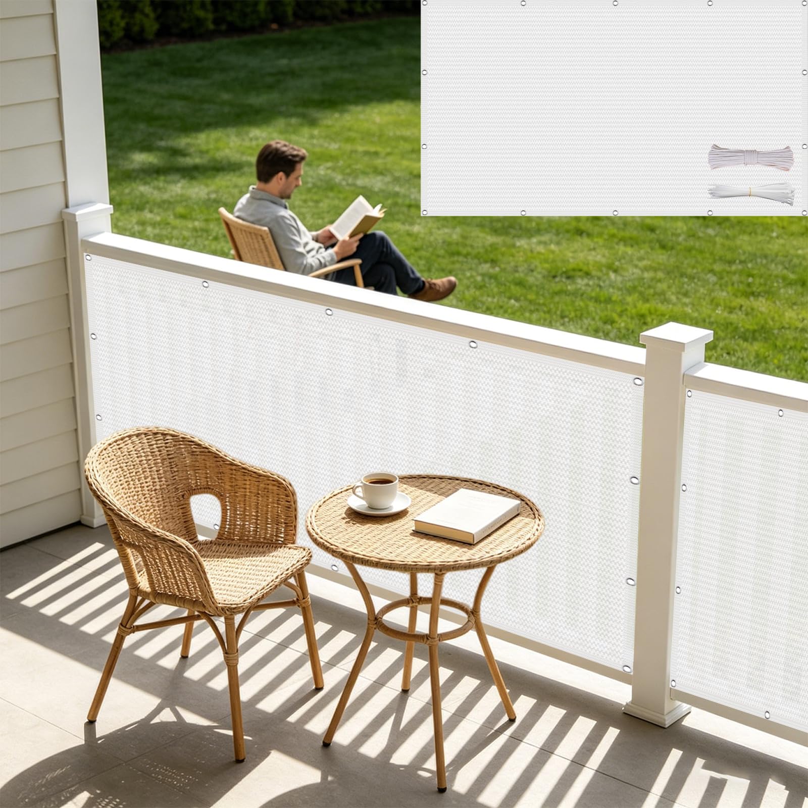 Telo Balcone 120 x 525 cm in HDPE 220G ㎡, Permeabile, Anti-Uv, Frangivento, Protezione Solare, Telo Frangi-Vista Balcone con Fascette e Funi para Exterior Terraza, Bianco