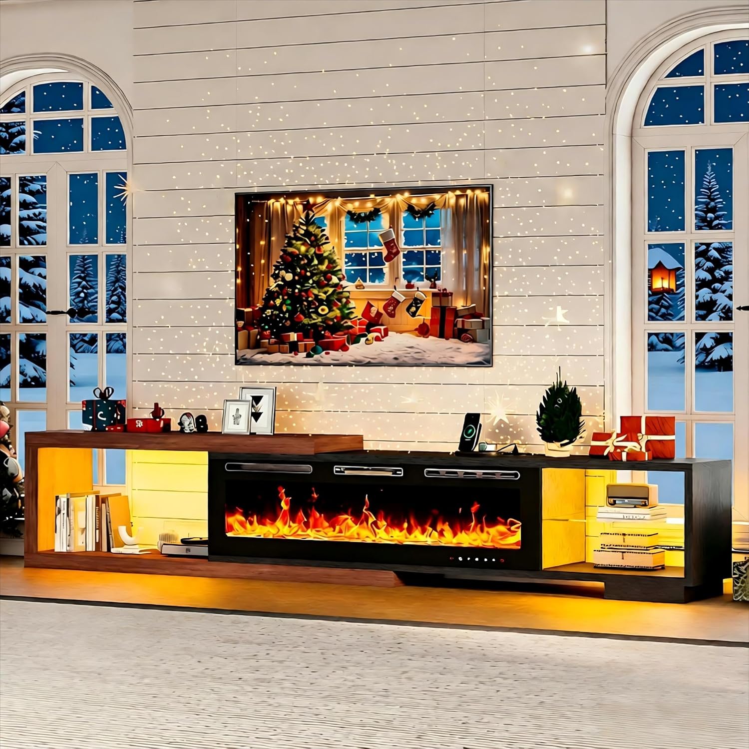 71''-116'' Extendable TV Stand with Fireplace, LED Lights Modern Entertainment Center for 100 Inch TVs, Wooden Rectangle TV Console Table, 50'' Electric Fireplace,Black