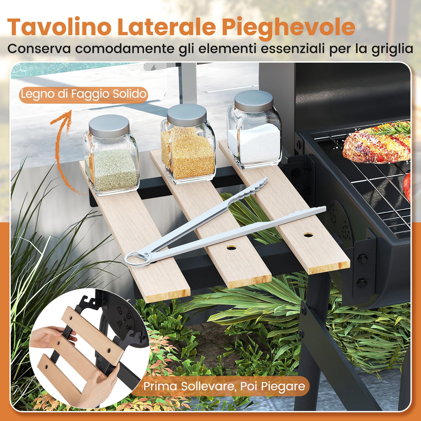 COSTWAY Barbecue a Carbonella con Ruote, Griglia a Carbone da Esterno con Coperchio, Termometro, Tavolo Pieghevole e Manico in Acciaio Inox, Barbecue Portabile per Giardino, Campeggio e Picnic