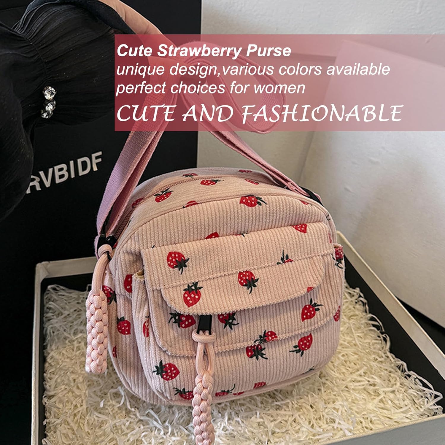 Cute Purse for Women Strawberry Bag Corduroy Tote Bag Work Messenger Bag Cute Crossbody Bag Handbags Everyday Bag - Image 3