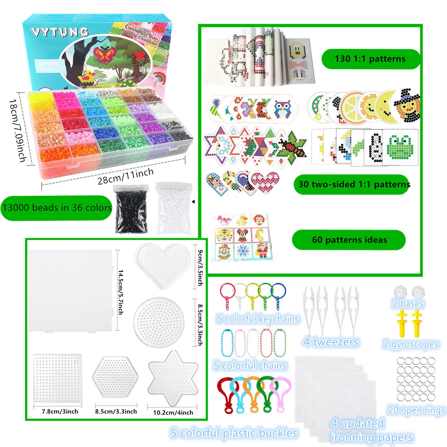 Vytung set de perles à repasser, 13000 pièces avec boîte de rangement, 220 modèles,plaques de perles à repasser, guide d'utilisation, conception DIY de bijoux (Lot de 3)