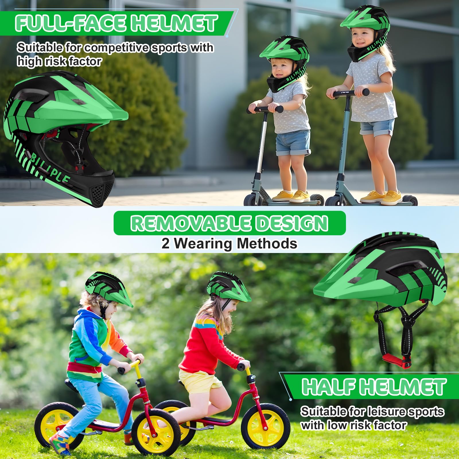 Kask dziecięcy, zintegrowany kask rowerowy 2 w 1, ze zdejmowaną osłoną podbródka, uniseks, 52-56 cm, kask ochronny do jazdy na rowerze, wrotkach