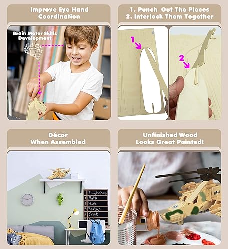 Miniatura 3 de Puzzled Rompecabezas 3D, helicóptero de tiburón negro, kit de modelo de construcción de madera, juguete educativo de madera, modelo de montaje de