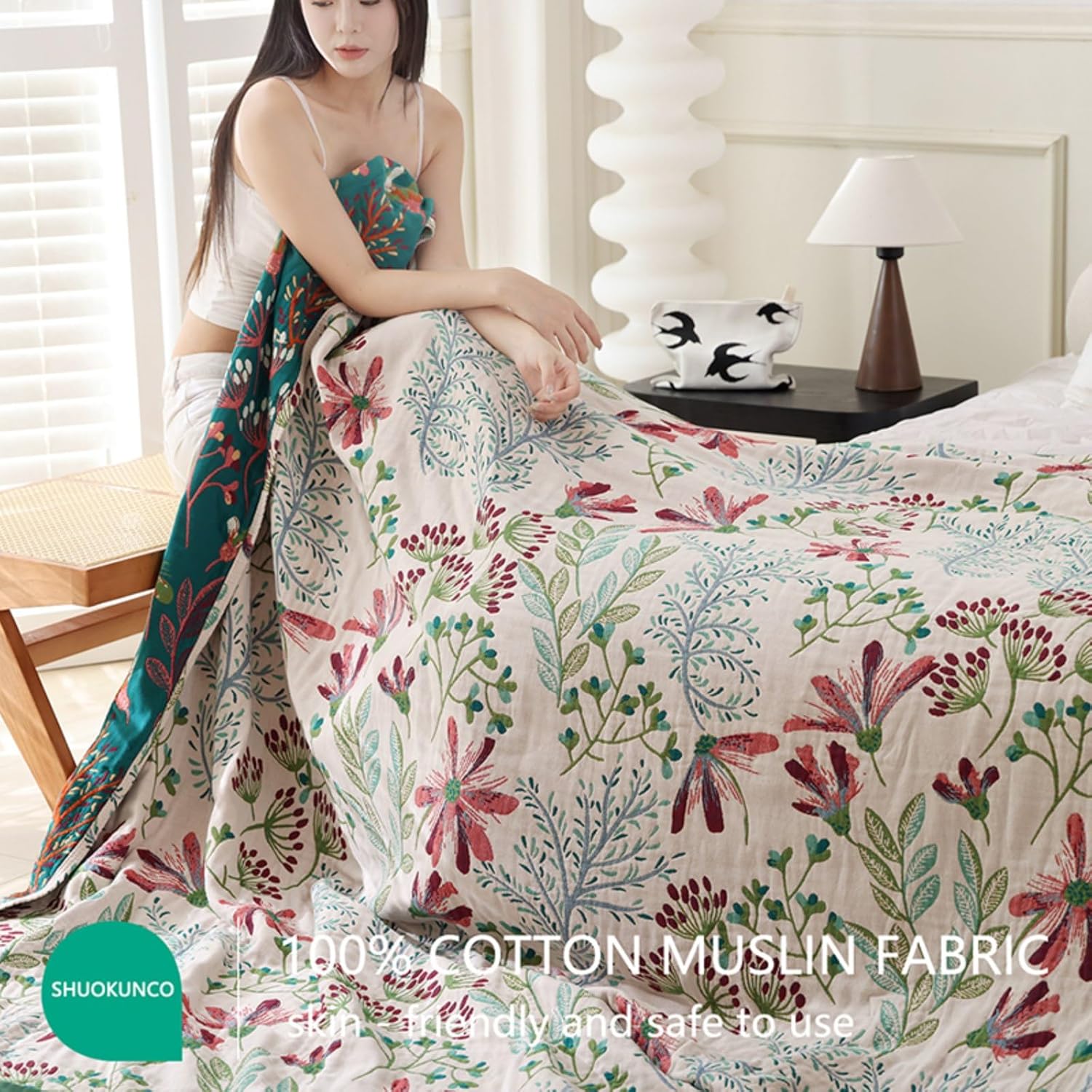 Boho Throw Blanket, 100% Cotton Ultra Soft Luxury Throw Rustic Quilt, Muslin Breathable Soft Bed Throw ，All Throw for Sofa Couch Chair 80x90 Inch