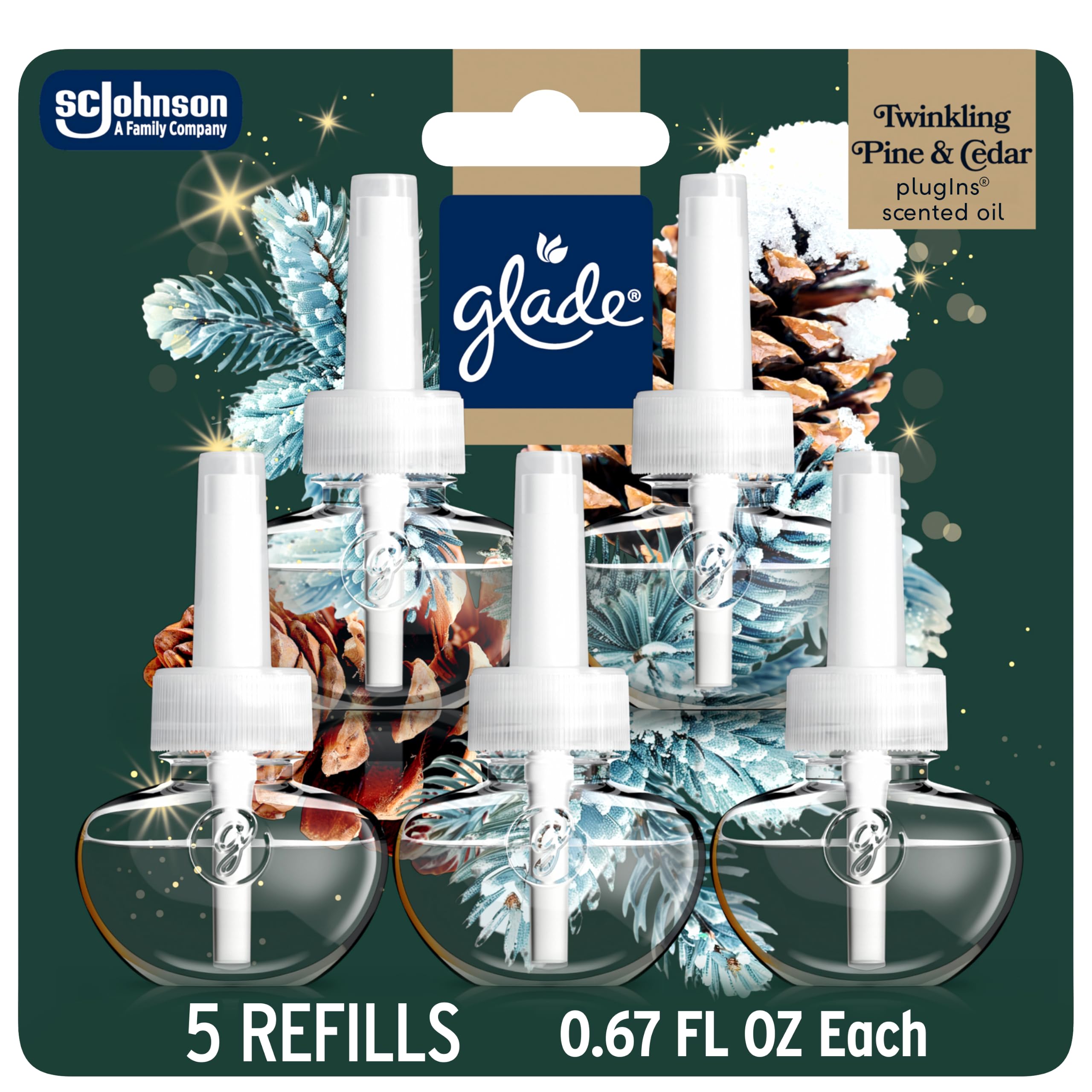 Glade PlugIns® Scented Oil 5 Refills, Air Freshener, Twinkling Pine & Cedar, 3.35 fl oz, Pack of 5