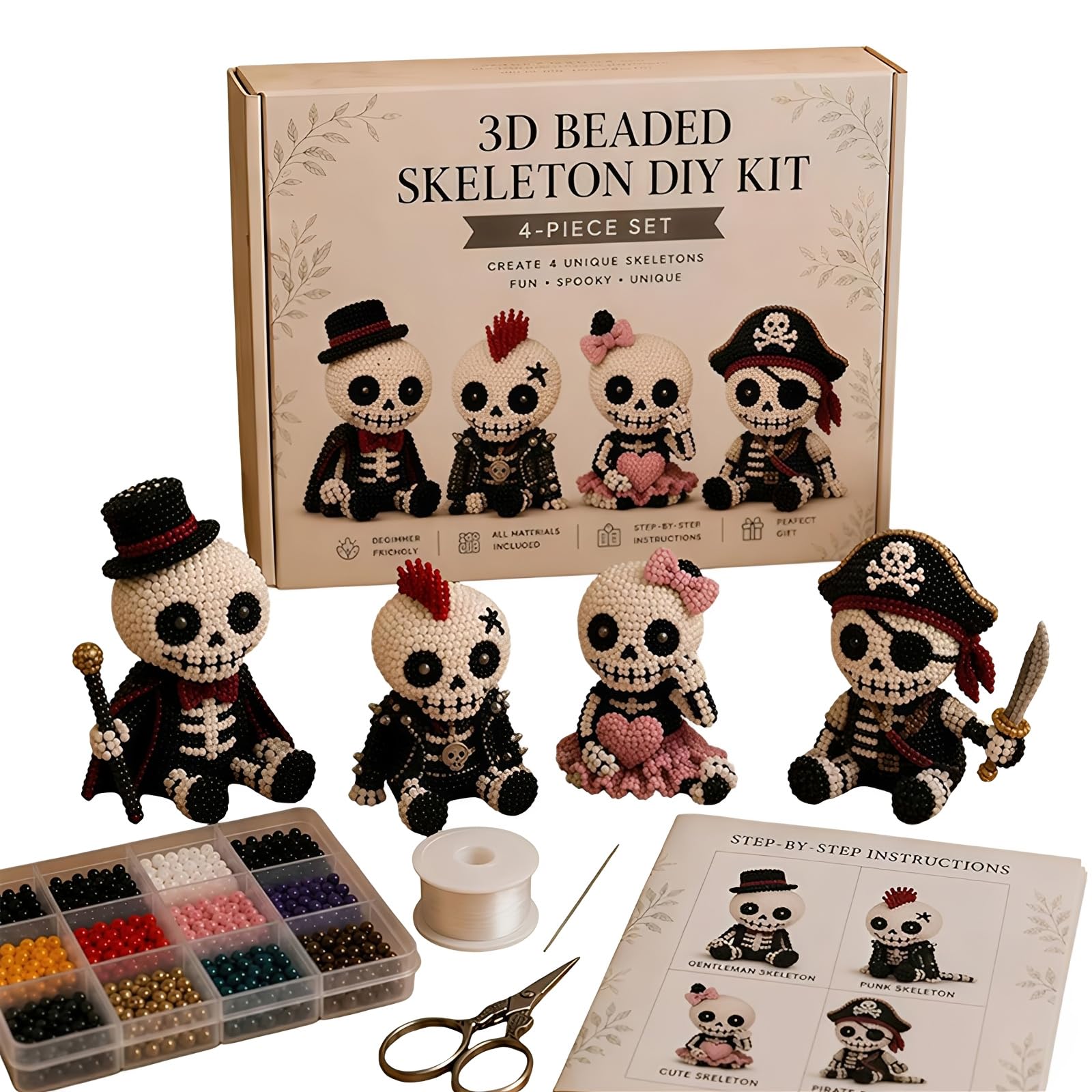 YSINOBEAR 3D Beaded Animals,3D Skeleton DIY Kit,Bead Embroidery Kits,Cute Spookies 3D Beaded DIY Kit,Creative ABS Bead Set with Instructions, Handmade Art Gift for Adults Teens Beginners
