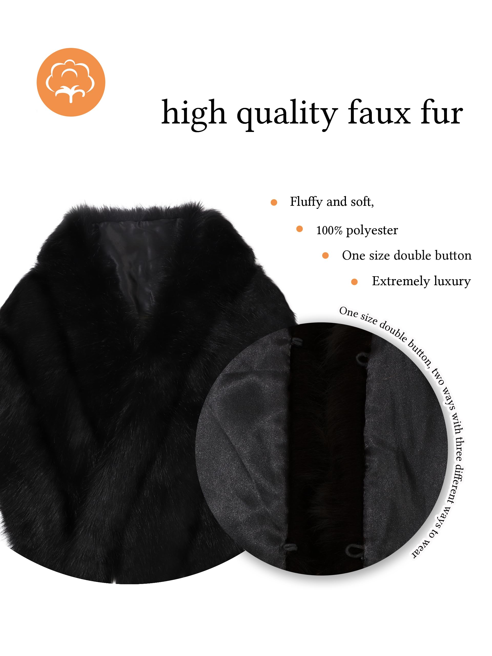 LA CARRIE Châle long en fausse fourrure pour femme - Cape de mariée - Étole d'hiver douce, noir, taille unique