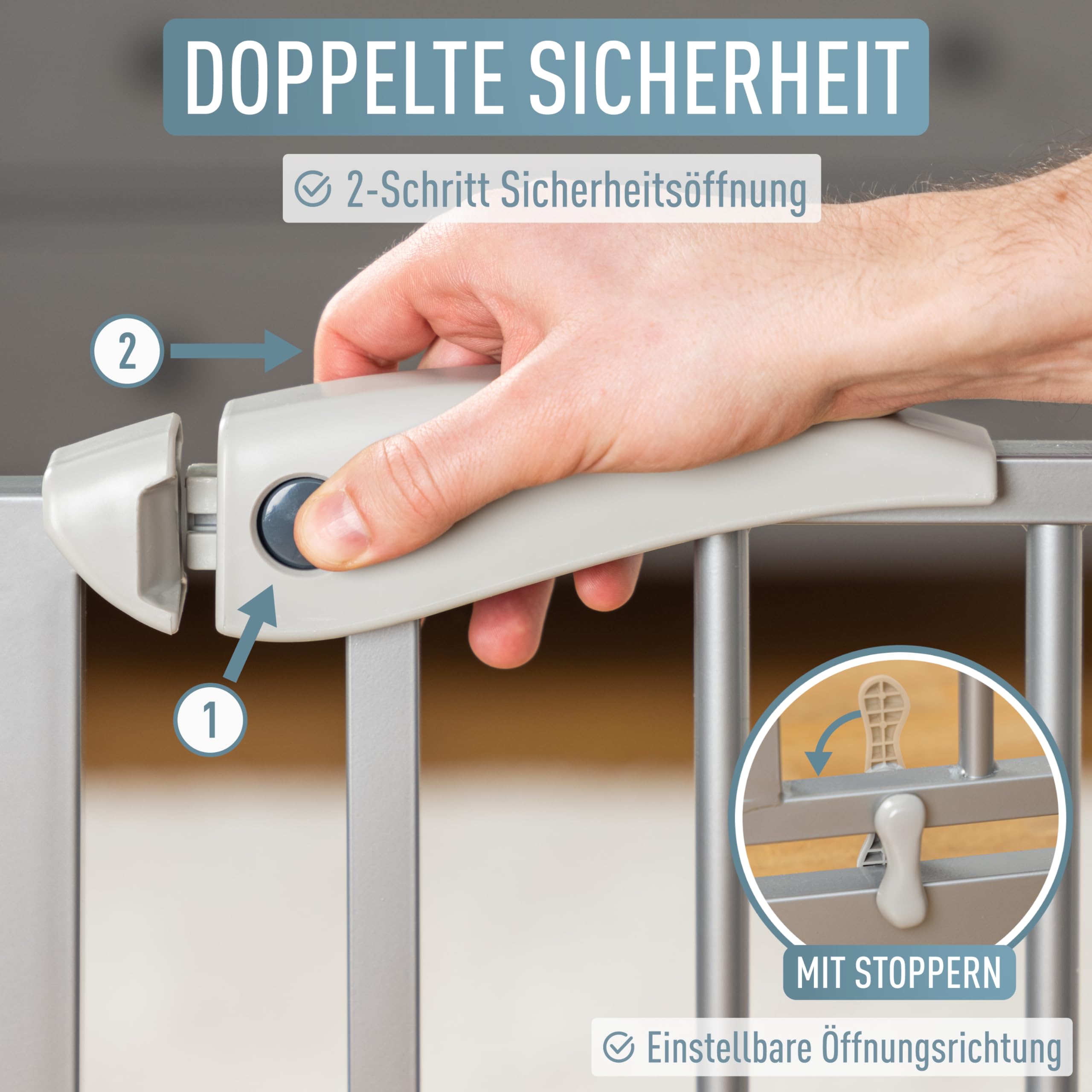 ib style Türschutzgitter Berrin 75-175 cm, Treppenschutzgitter für Babys,Ohne Bohren, Tür Schutzgitter, Haustiergitter, Grau, 75-85 cm