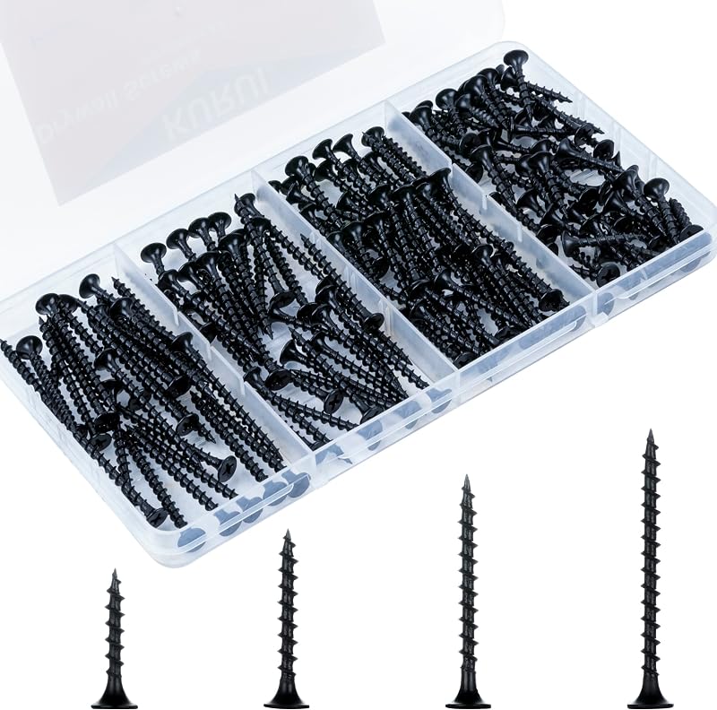 Drywall Screws Assortment Kit, #6 Black Wood Screws for Sheetrock,165pcs Picture Hanging Kit for Frame Painting Art Photo, Phillips Coarse Dry Wall Screw 4 Sizes 1",1-1/4",1-5/8",2"