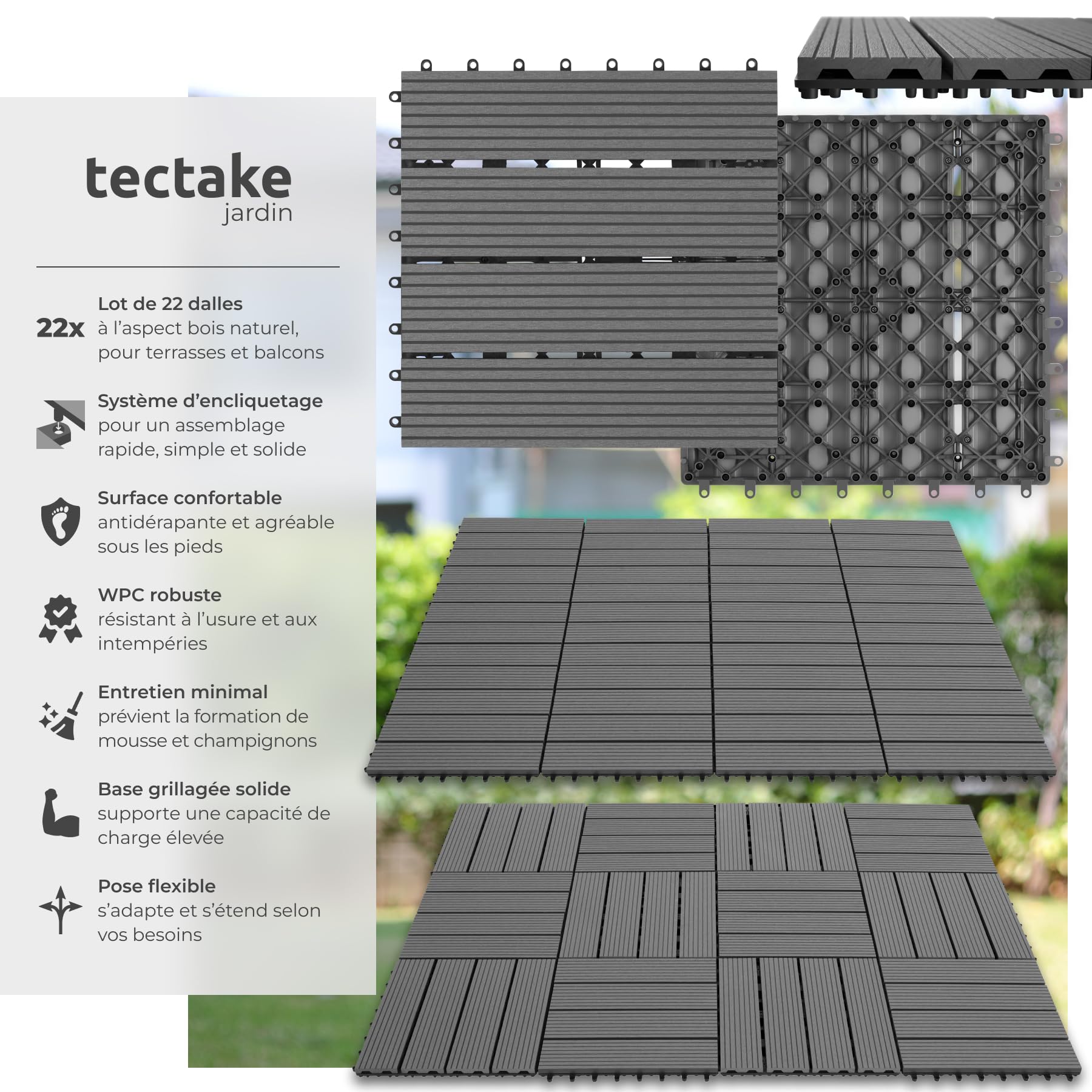 tectake® 22 Dalles clipsables exterieur 31 x 31 cm, Caillebotis exterieur aspect Bois Dalle WPC, Surface couverte 2.1142 m², Résistant intempéries, Revêtement sol extérieur Terrasse, Balcon, Veranda