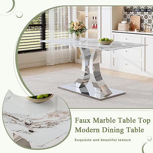 Miniatura 5 de Juego de mesa de comedor de mármol para 6, mesa moderna de plata blanca de 63 pulgadas con patas de marco de forma intercambiable y sillas