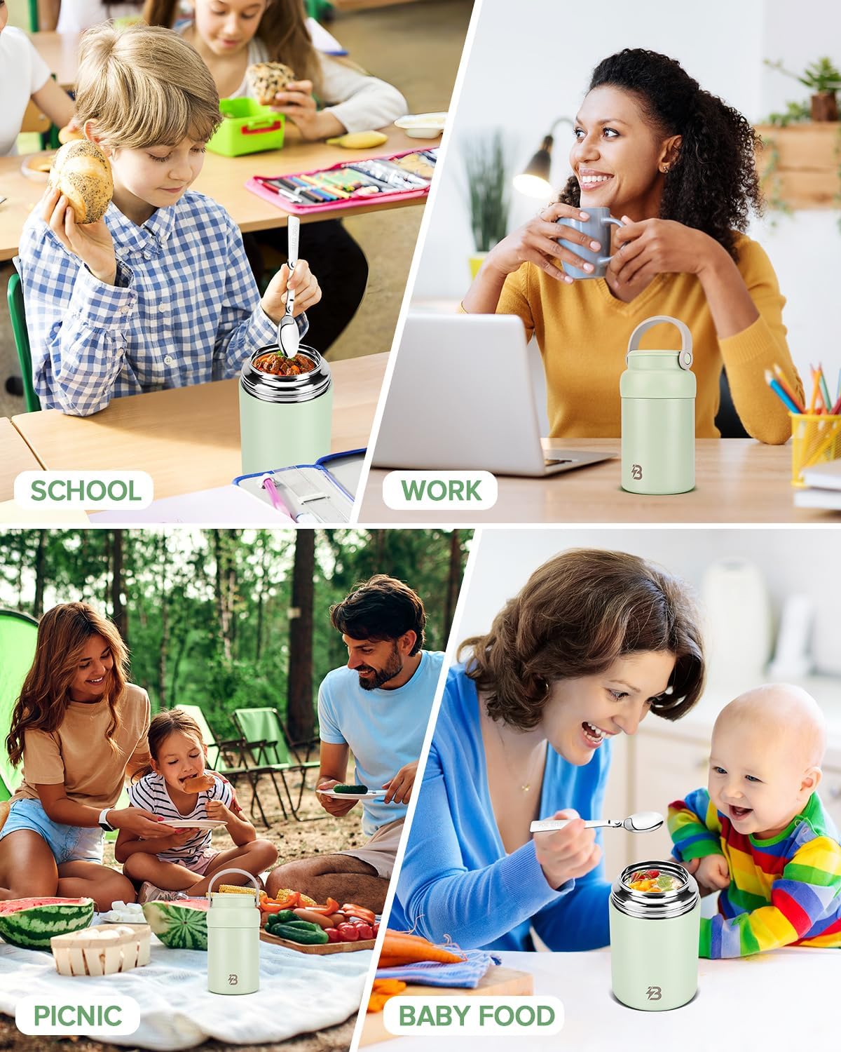 Thermo Food Jar, 20OZ Stainless Steel Vacuum Insulated Lunch Containers with Spoon, Wide Mouth Thermo for Hot Food for Adults (Green)