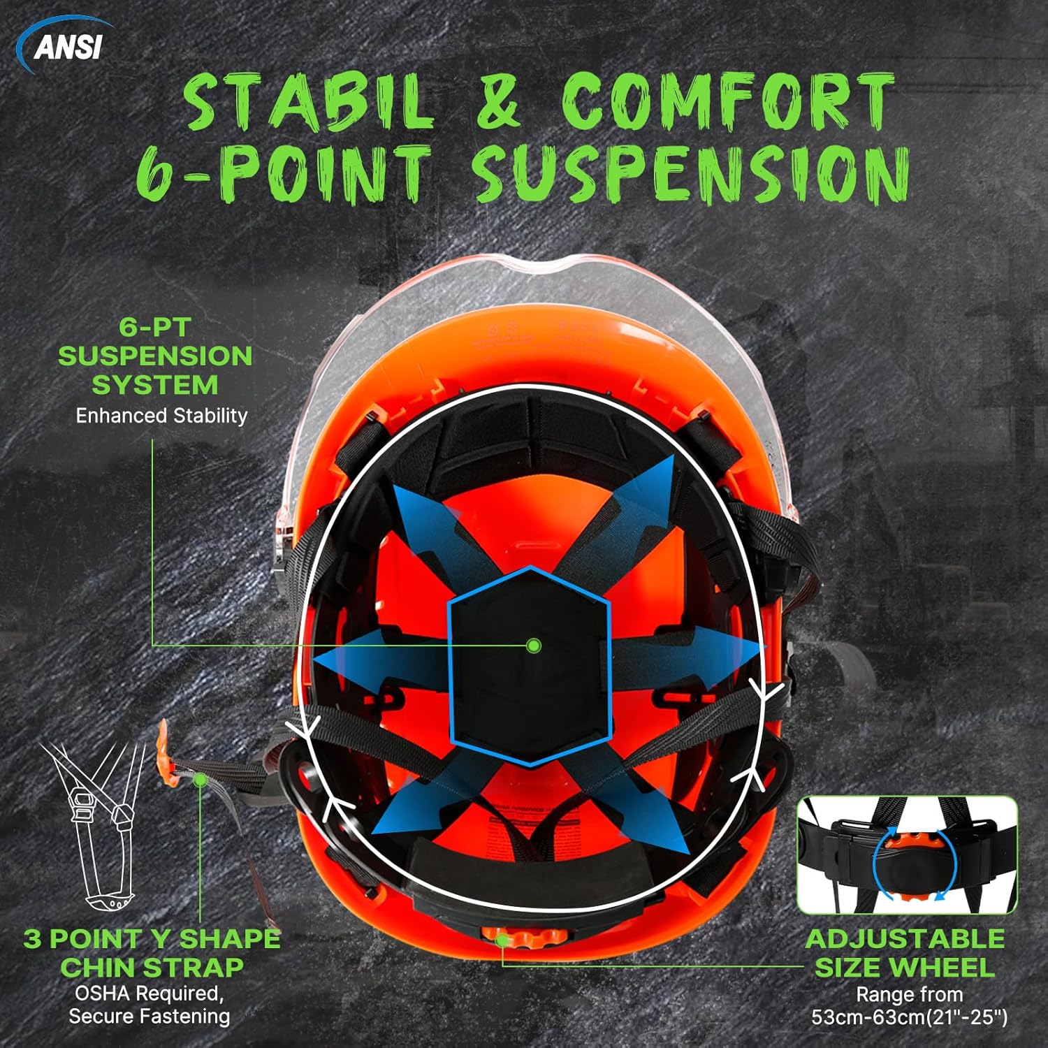 AOLAMEGS Construction Vented Hard Hats -Adjustable Vented Hard Hat with Visor for Men Women ABS Safety Helmet 6-Point Suspension Work Hardhats for Outdoor Height Industrial (Orange Clear Visor) - Image 5