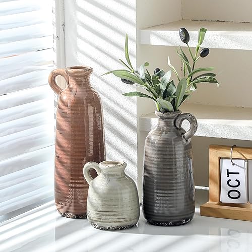 Miniatura 9 de Juego de 3 jarrones de cerámica, jarrón rústico neutro con asa, floreros decorativos para decoración del hogar, jarrón moderno y bohemio de pampass